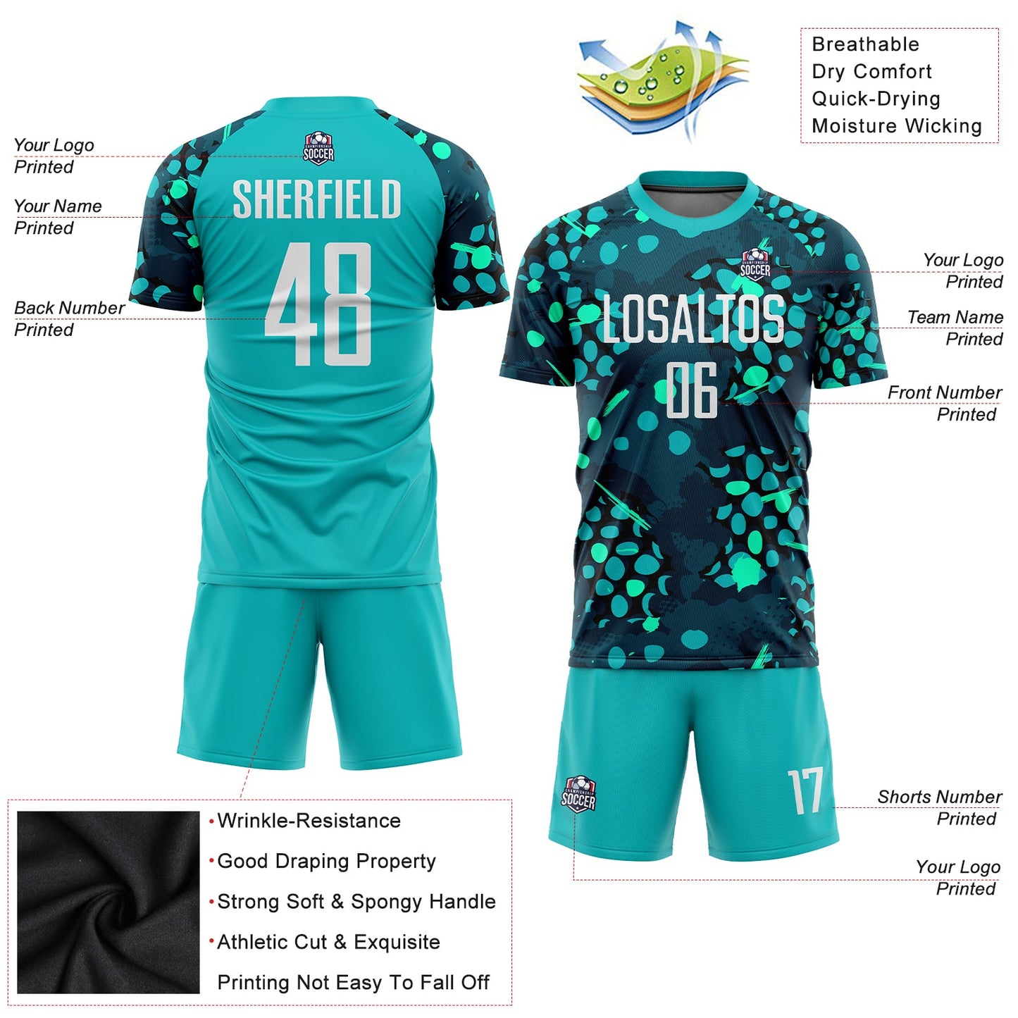 Custom Aqua White-Navy Sublimation Soccer Uniform Jersey view 3
