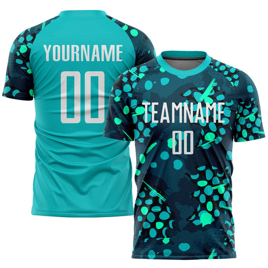 Custom Aqua White-Navy Sublimation Soccer Uniform Jersey - Main View