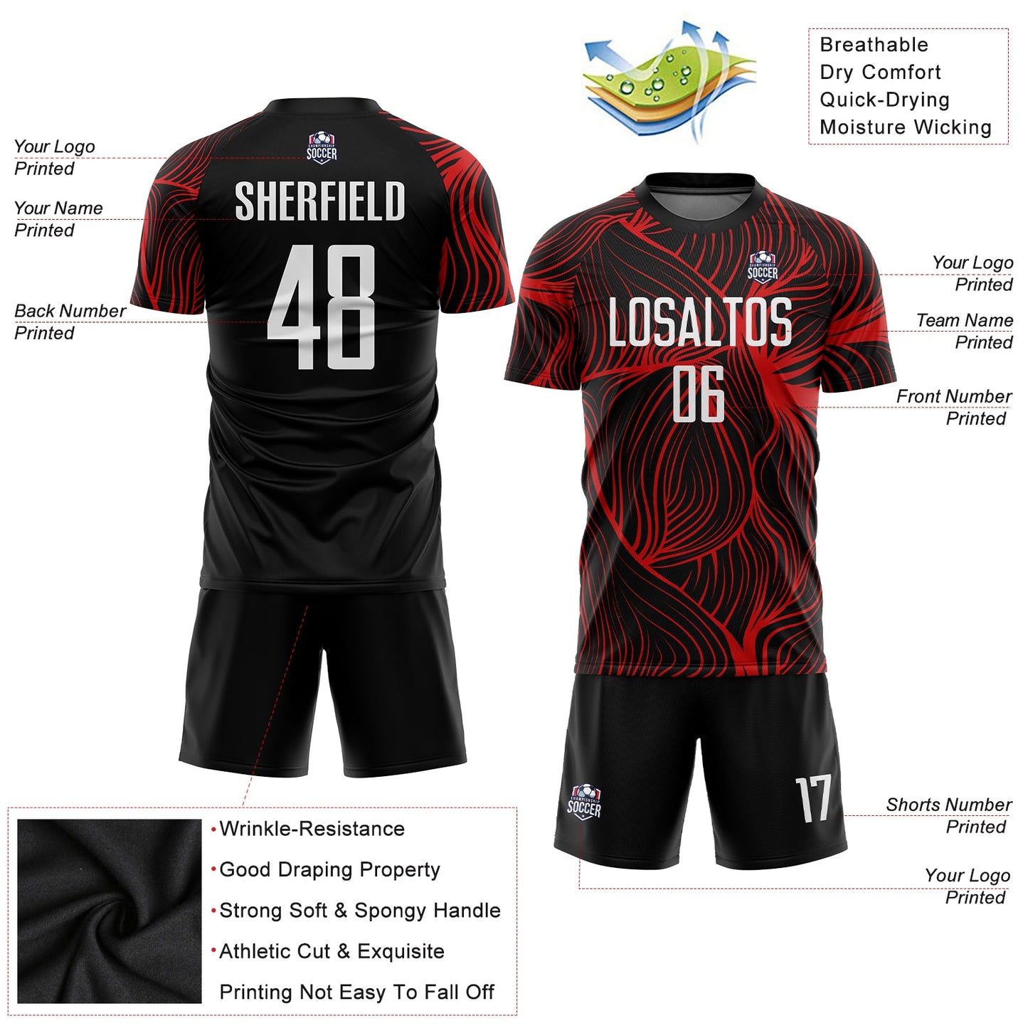 Custom Black White-Red Sublimation Soccer Uniform Jersey view 3