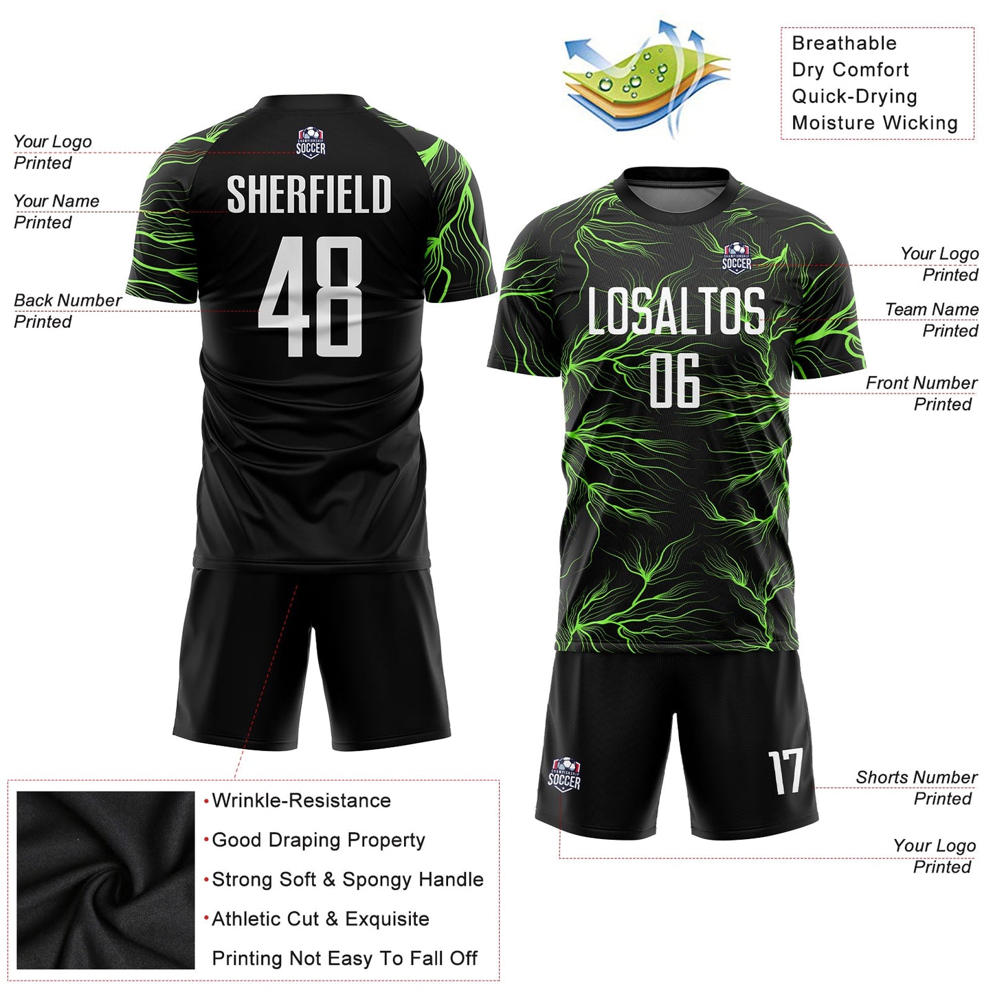 Custom Black White-Neon Green Sublimation Soccer Uniform Jersey view 3