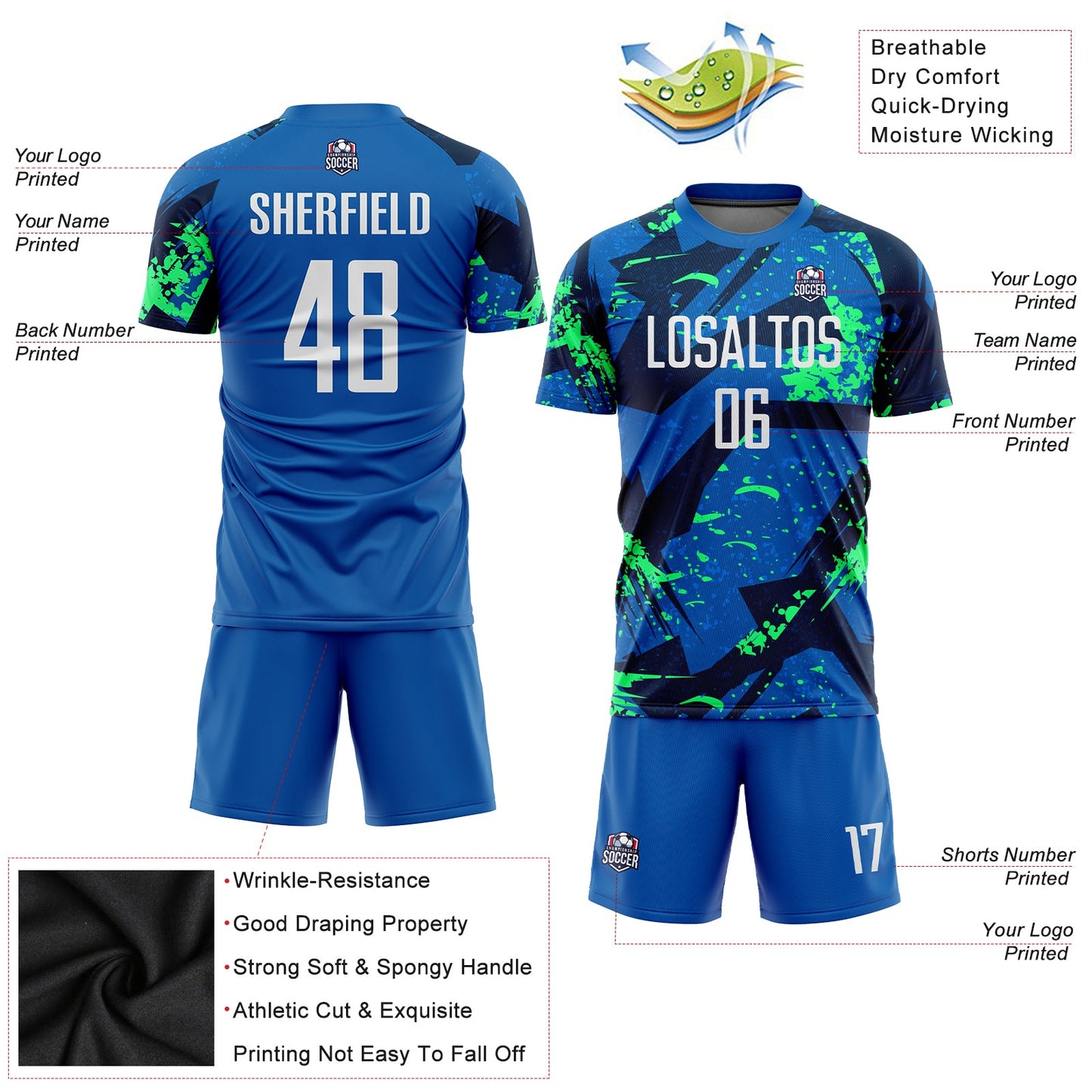 Custom Royal White-Neon Green Sublimation Soccer Uniform Jersey view 3