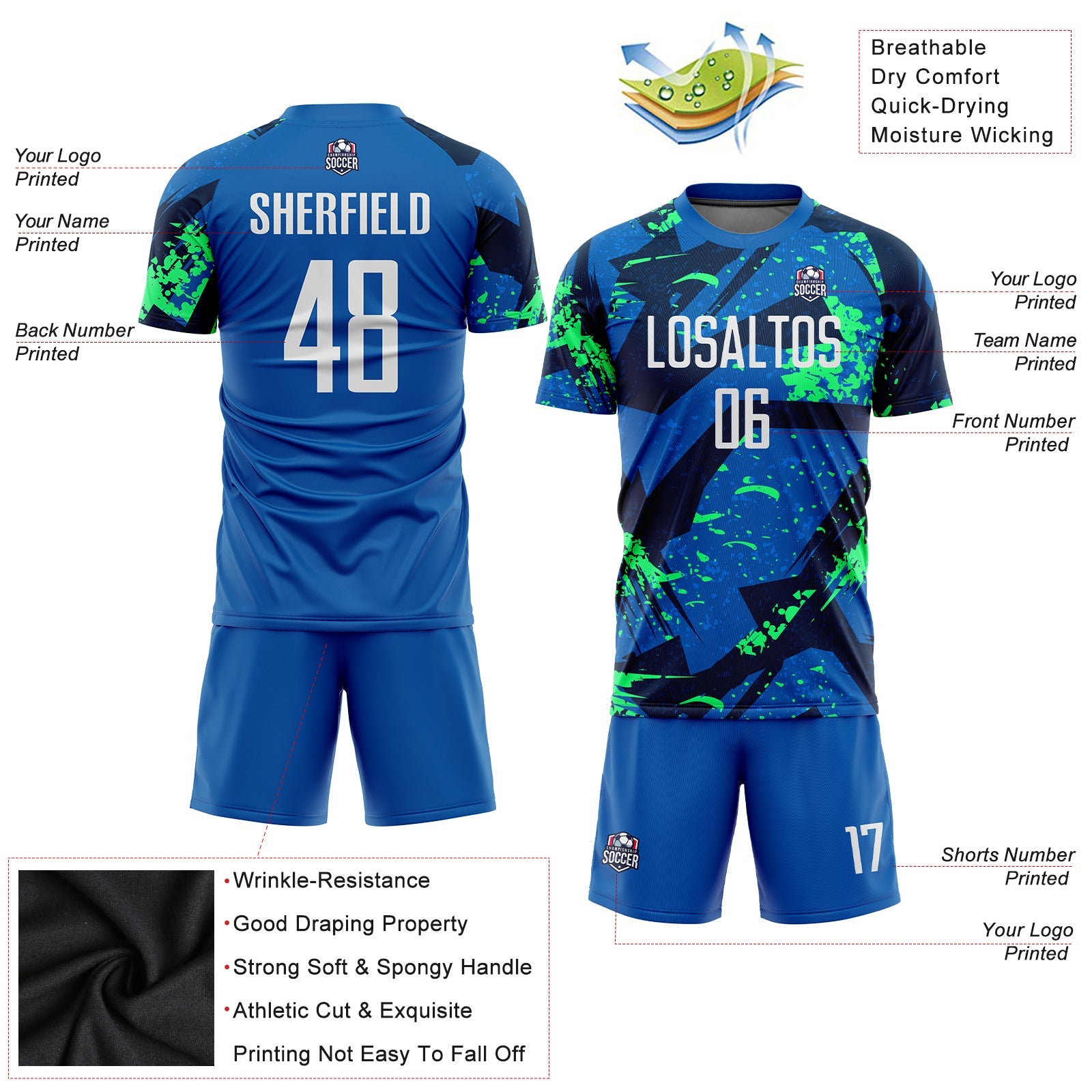 Custom Royal White-Neon Green Sublimation Soccer Uniform Jersey view 3