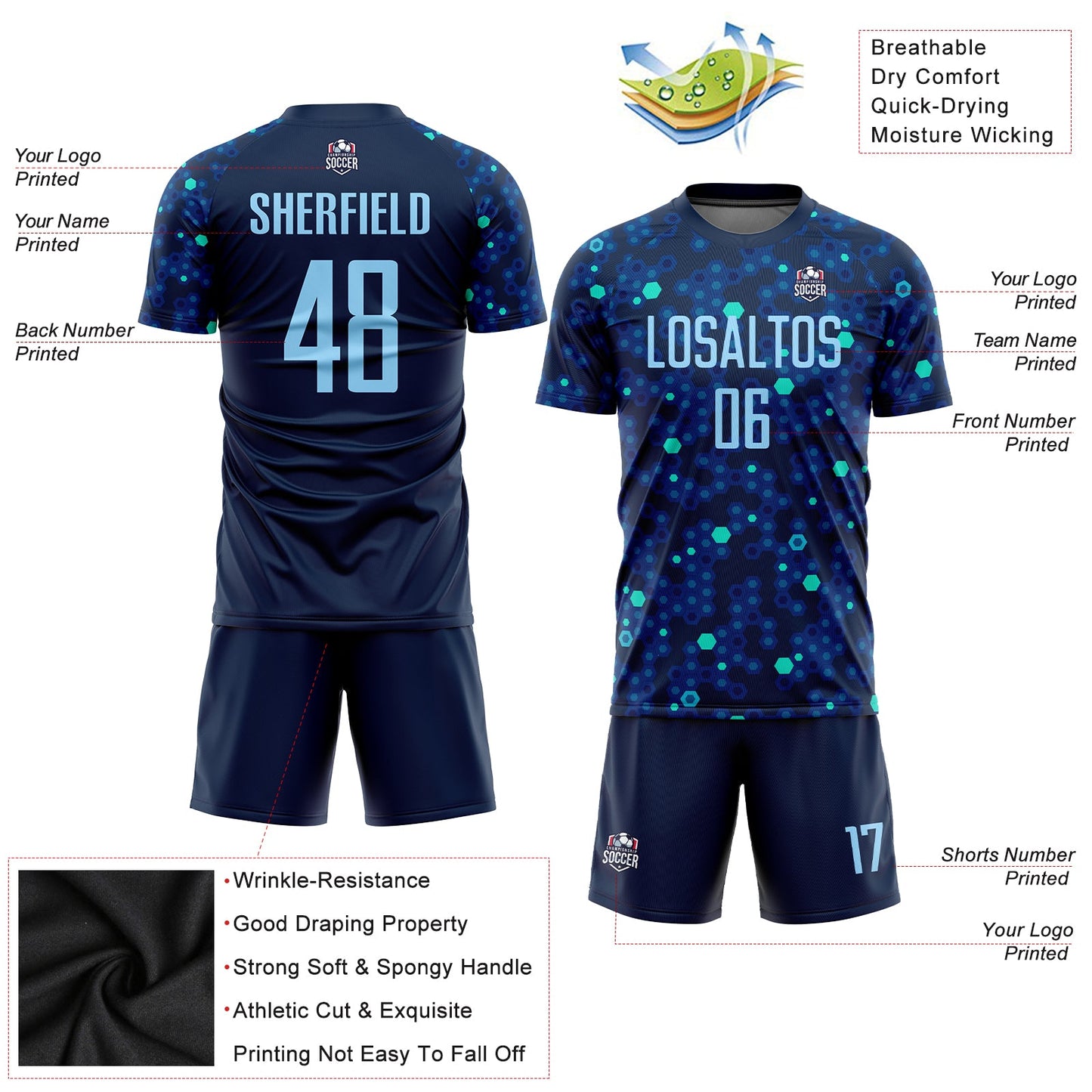 Custom Navy Light Blue-Royal Sublimation Soccer Uniform Jersey view 3