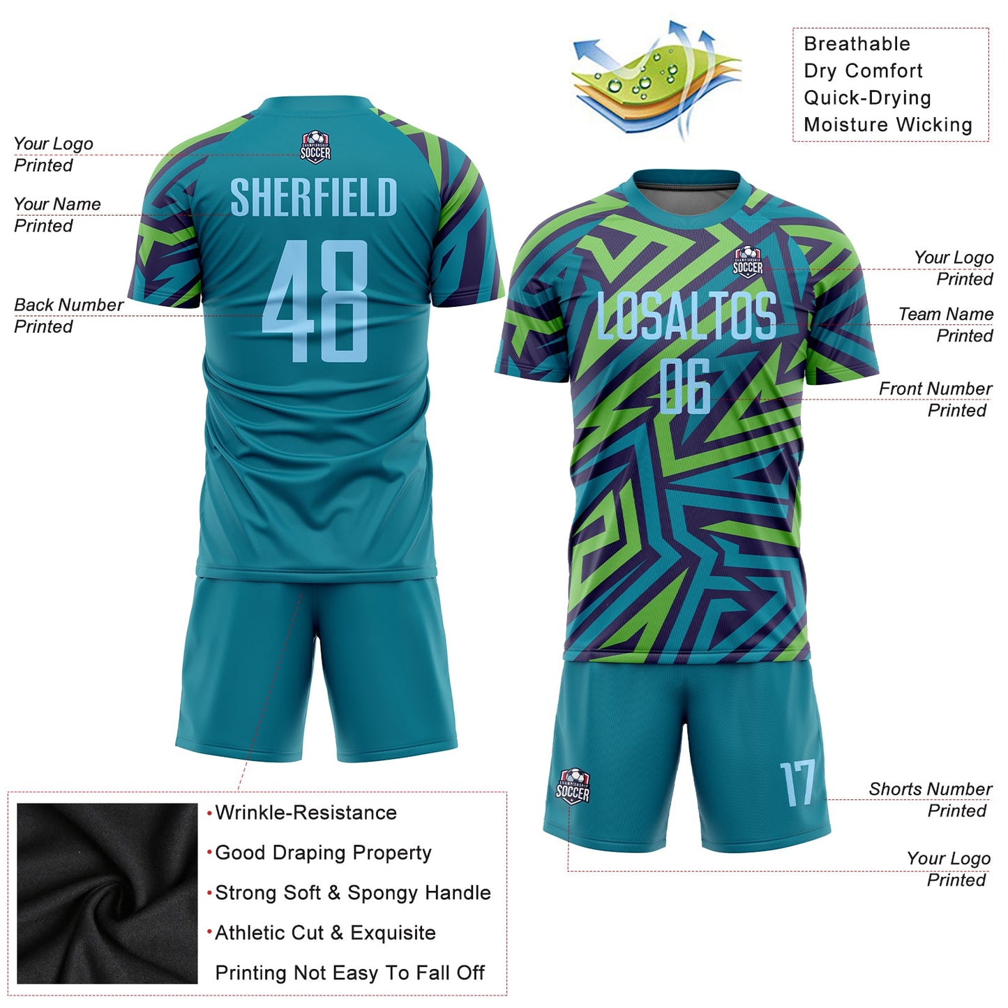 Custom Teal Light Blue-Kelly Green Sublimation Soccer Uniform Jersey view 3