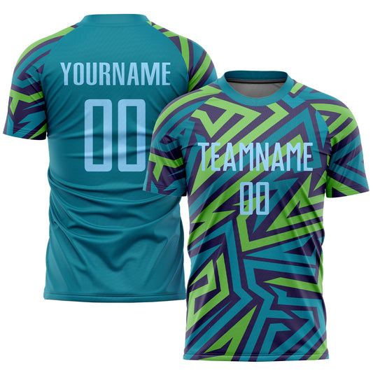 Custom Teal Light Blue-Kelly Green Sublimation Soccer Uniform Jersey - Main View