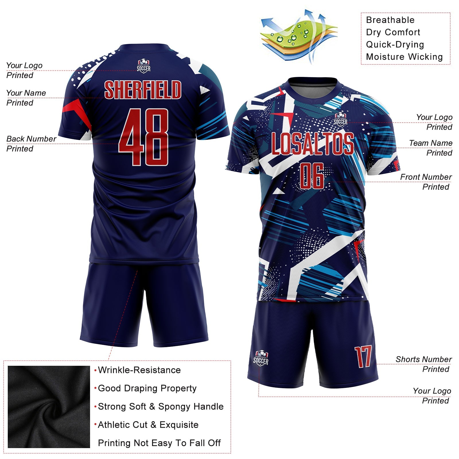 Custom Navy Red-White Sublimation Soccer Uniform Jersey view 5