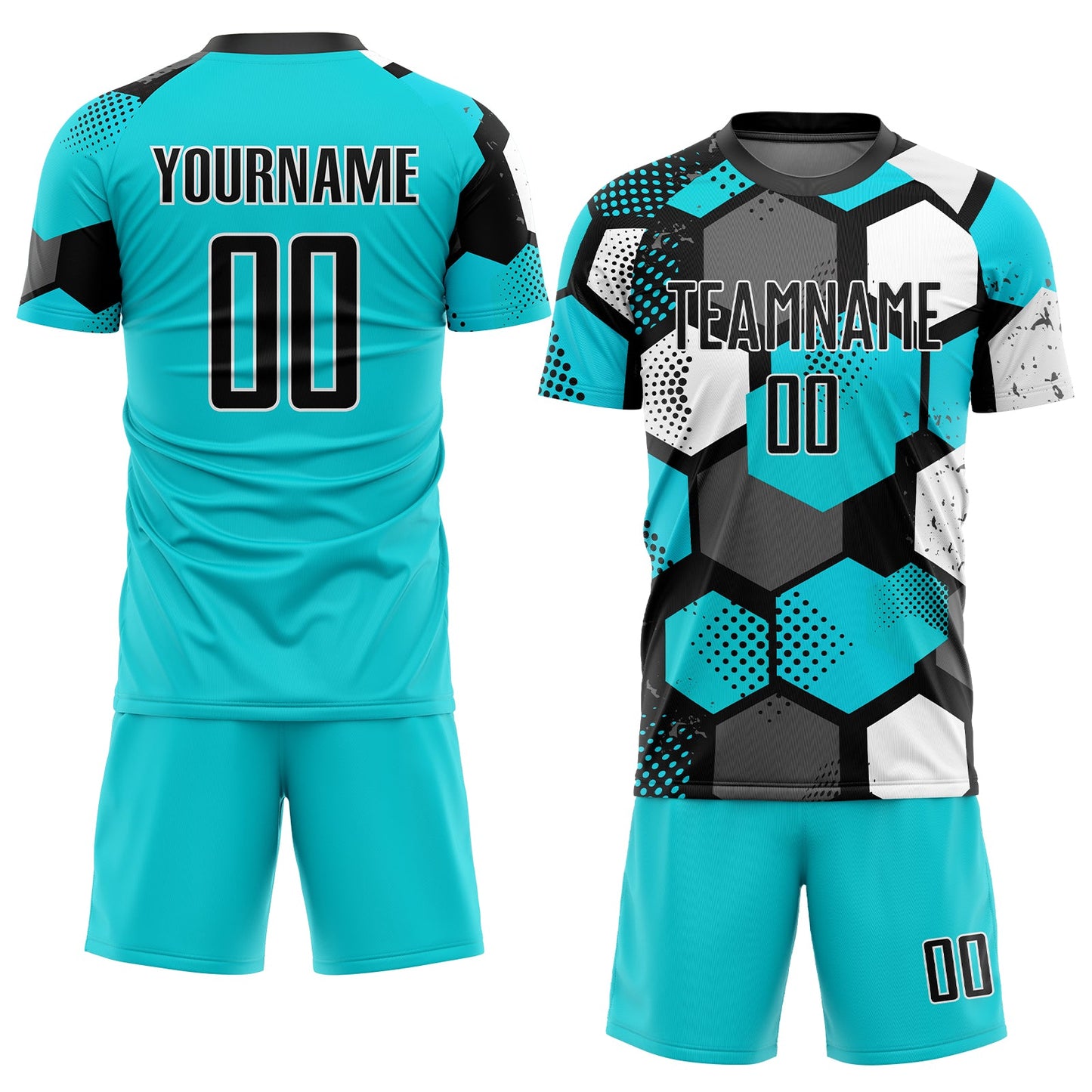 Custom Aqua Black-White Sublimation Soccer Uniform Jersey view 2
