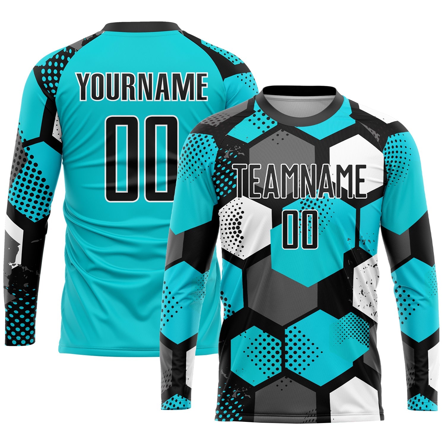 Custom Aqua Black-White Sublimation Soccer Uniform Jersey view 3