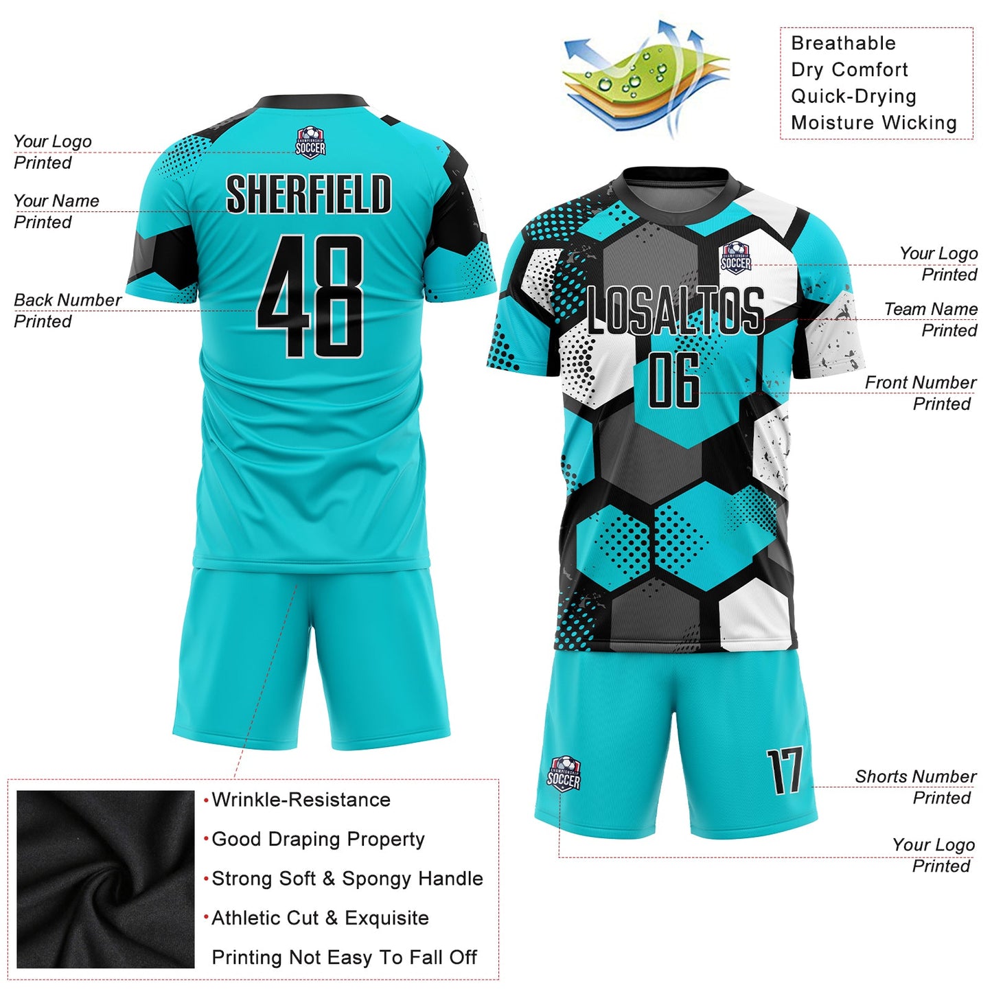 Custom Aqua Black-White Sublimation Soccer Uniform Jersey view 5