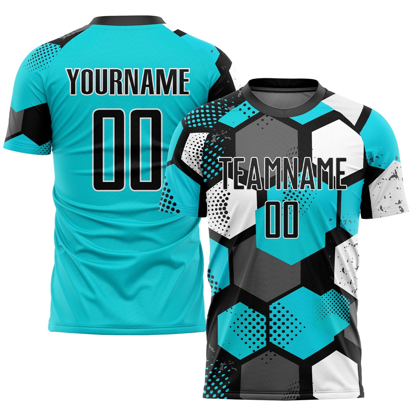 Custom Aqua Black-White Sublimation Soccer Uniform Jersey - Main View