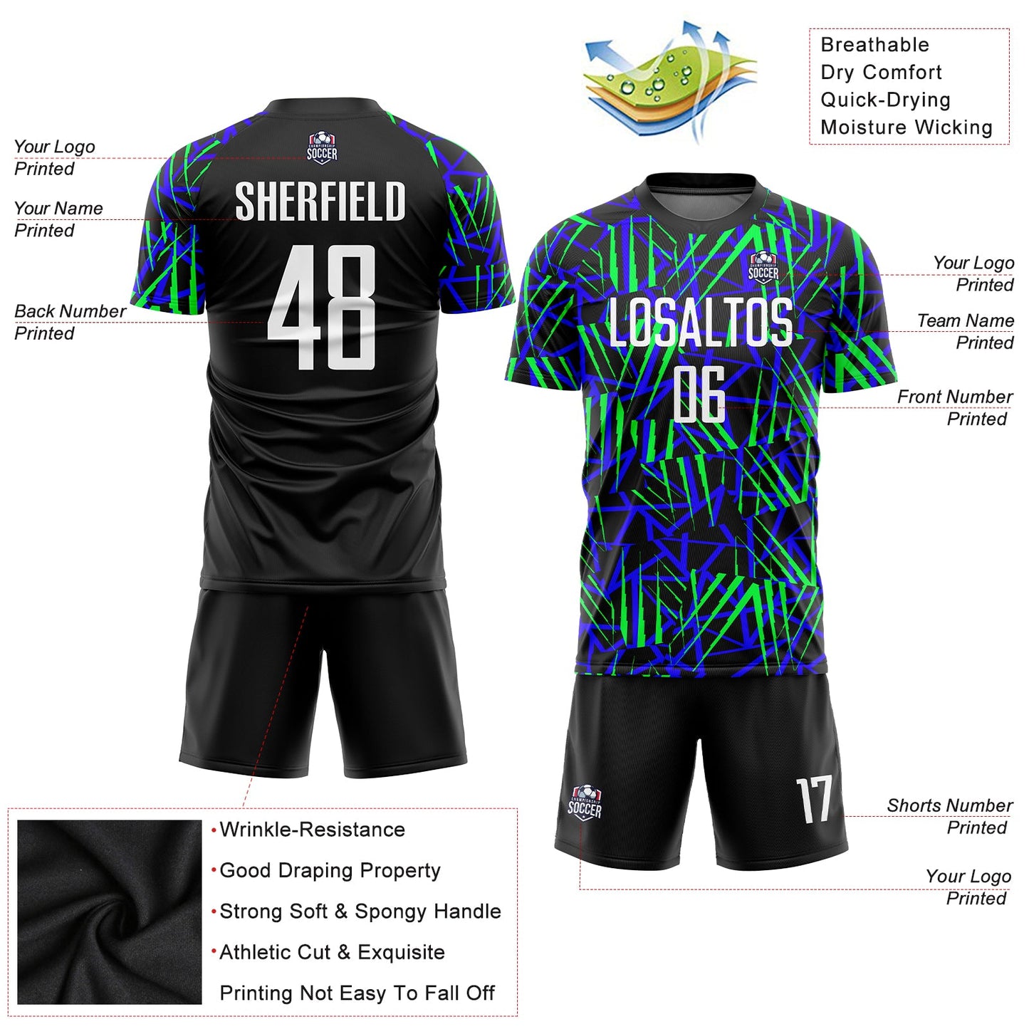 Custom Black White-Neon Green Sublimation Soccer Uniform Jersey view 3