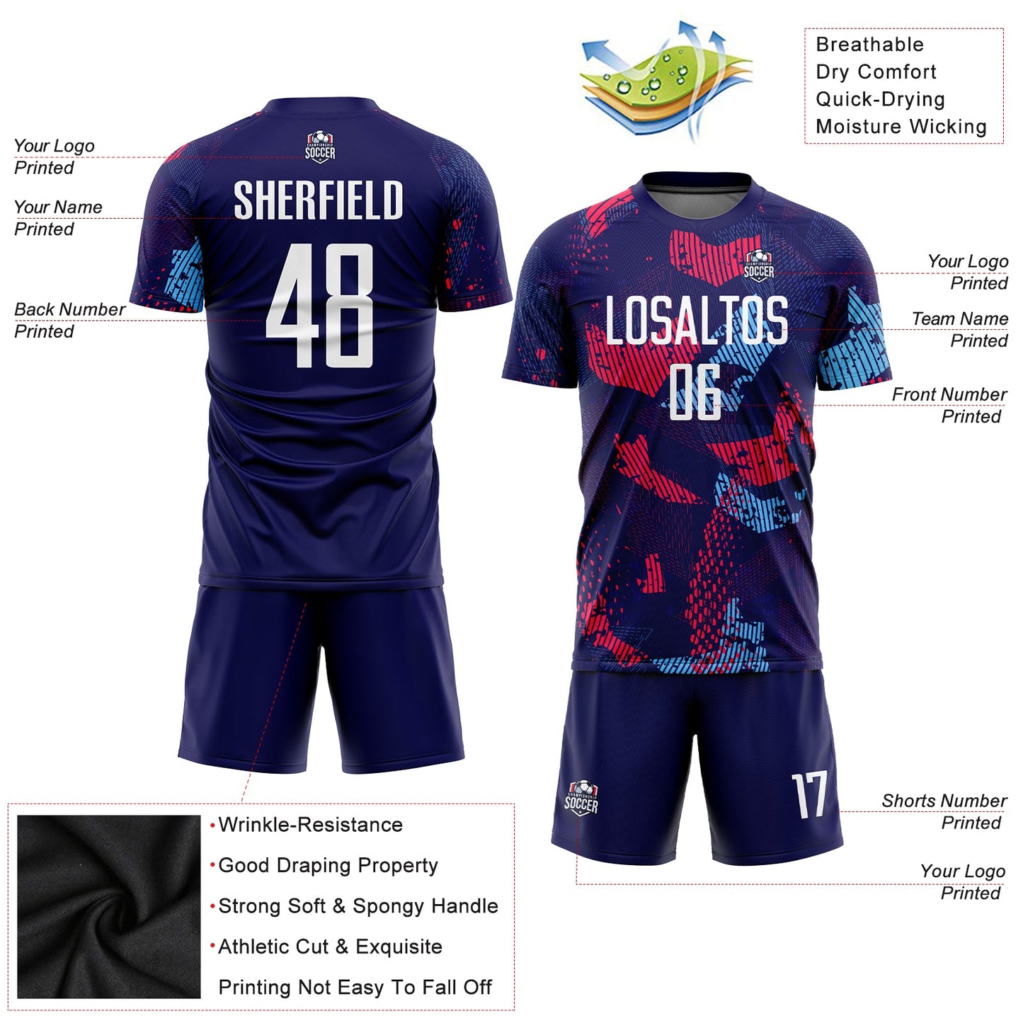 Custom Navy White-Light Blue Sublimation Soccer Uniform Jersey view 3
