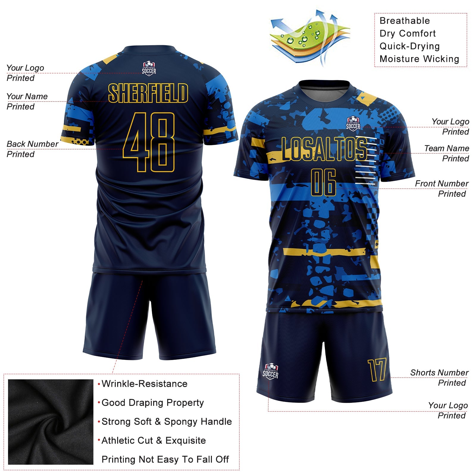 Custom Navy Navy-Gold Sublimation Soccer Uniform Jersey view 5