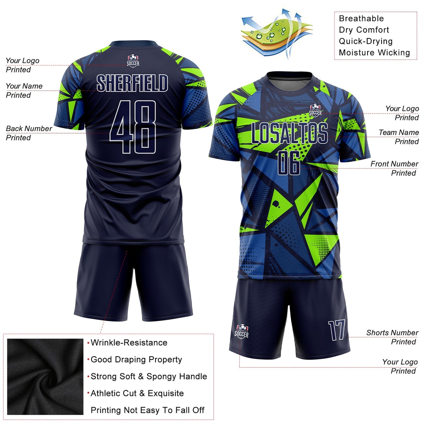 Custom Navy Navy-Neon Green Sublimation Soccer Uniform Jersey view 5