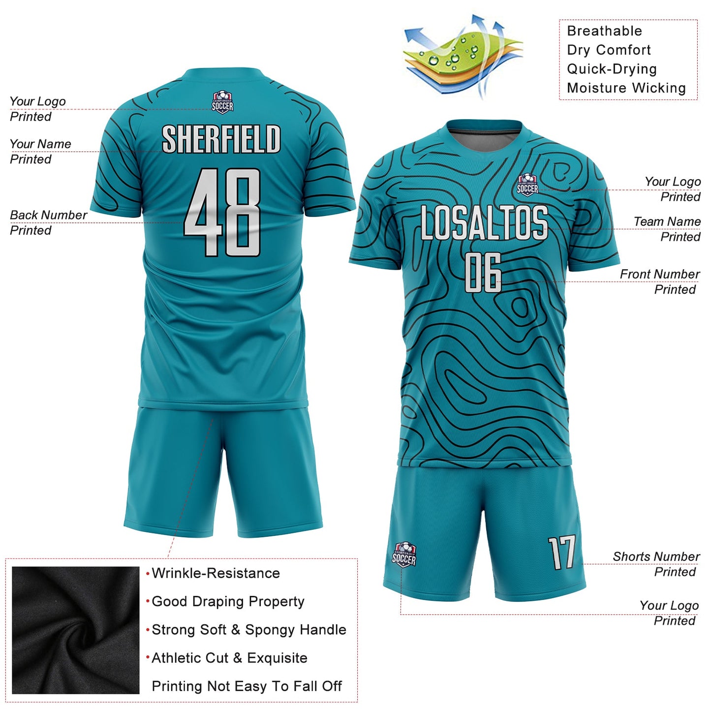 Custom Teal White-Black Sublimation Soccer Uniform Jersey view 3
