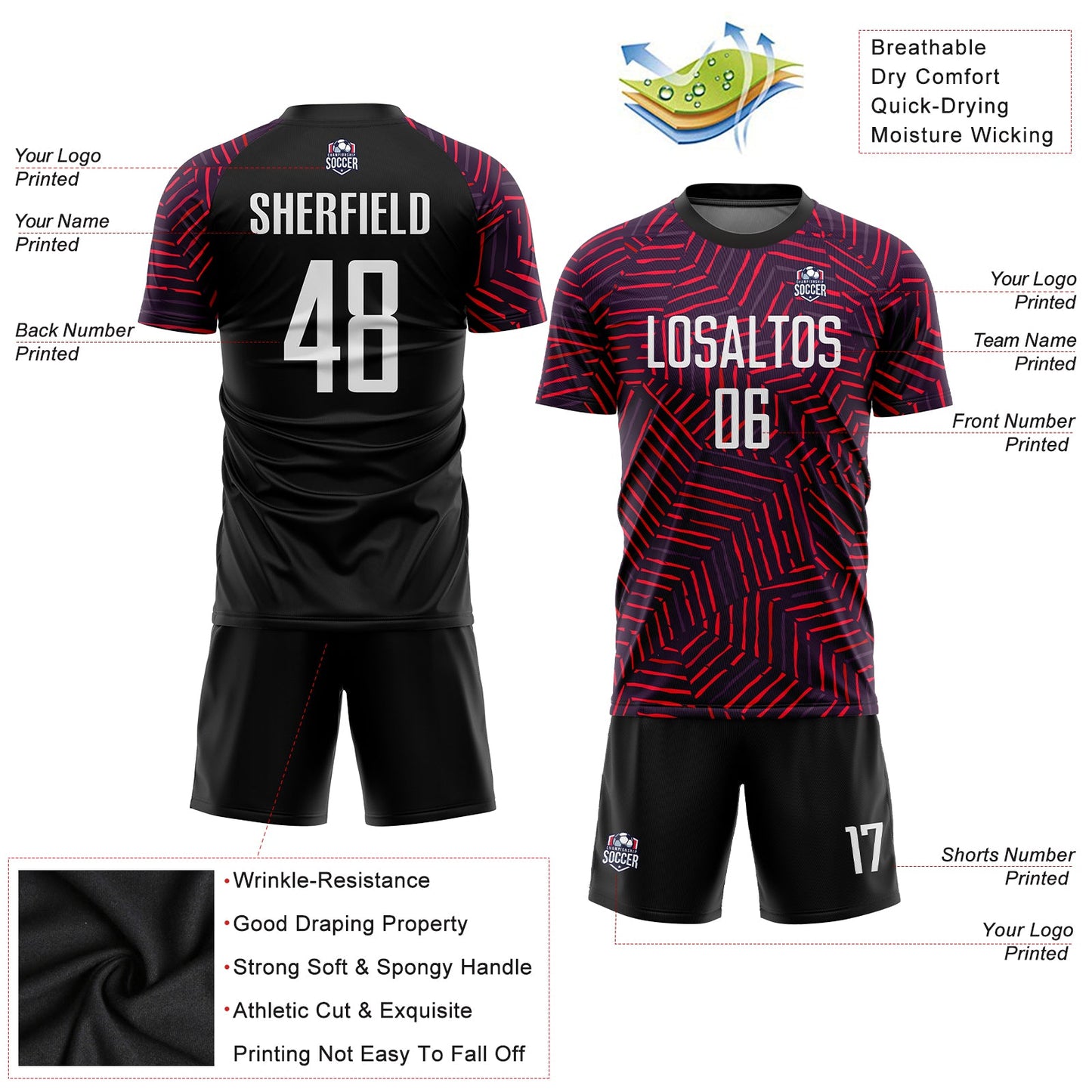 Custom Black White-Red Sublimation Soccer Uniform Jersey view 3
