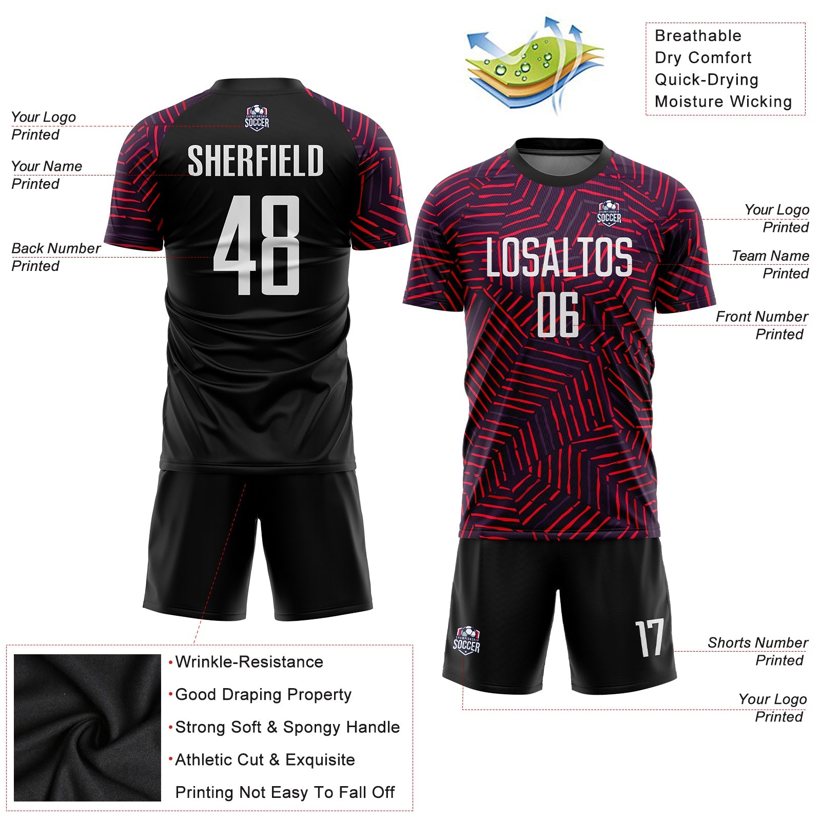 Custom Black White-Red Sublimation Soccer Uniform Jersey view 3