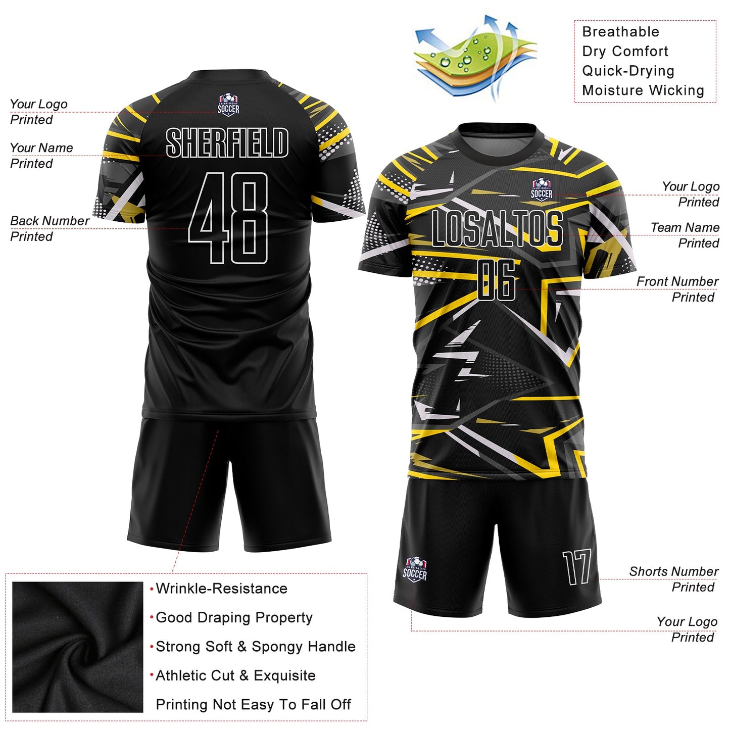 Custom Black Black-Gold Sublimation Soccer Uniform Jersey view 5