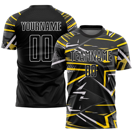 Custom Black Black-Gold Sublimation Soccer Uniform Jersey - Main View