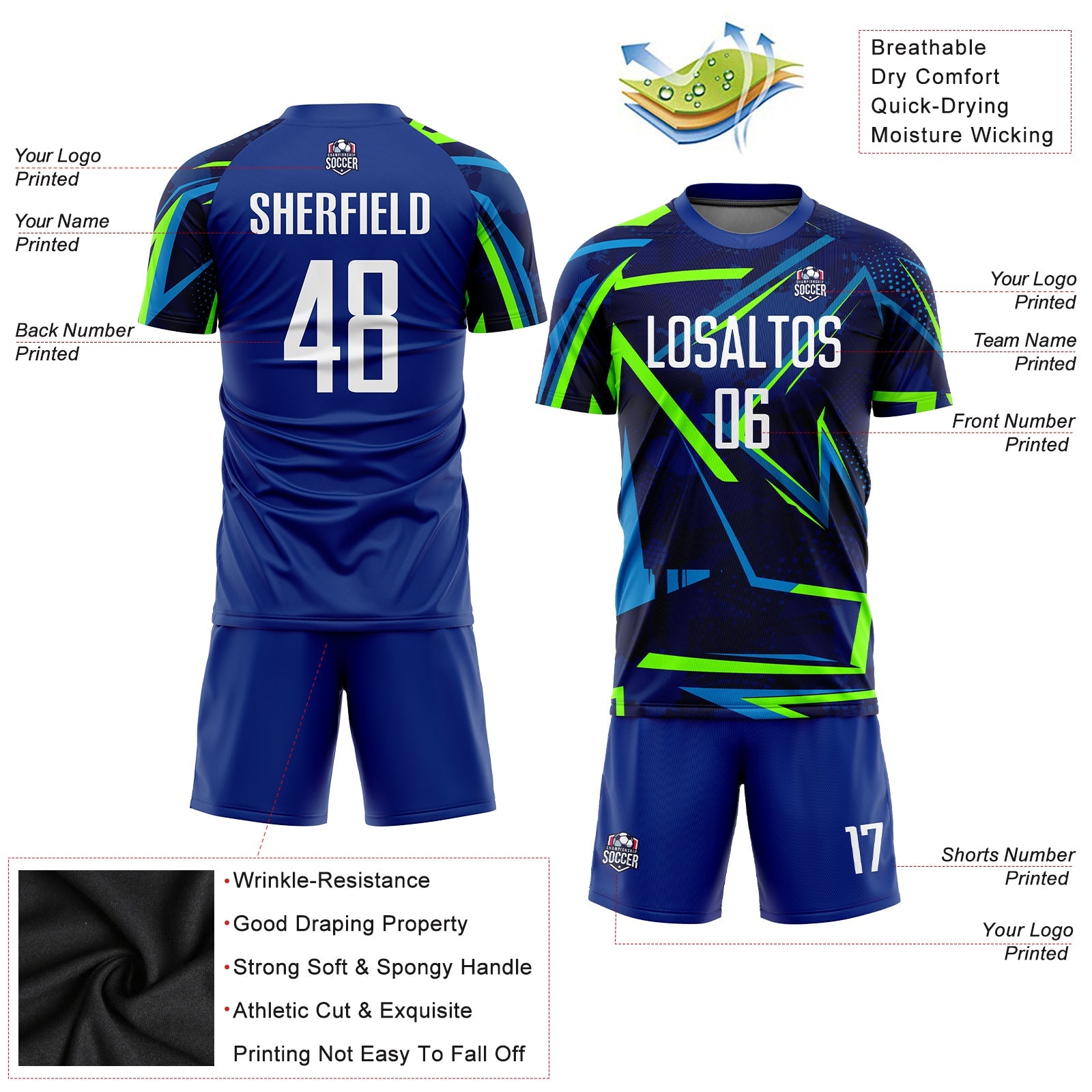 Custom Royal White-Neon Green Sublimation Soccer Uniform Jersey view 5