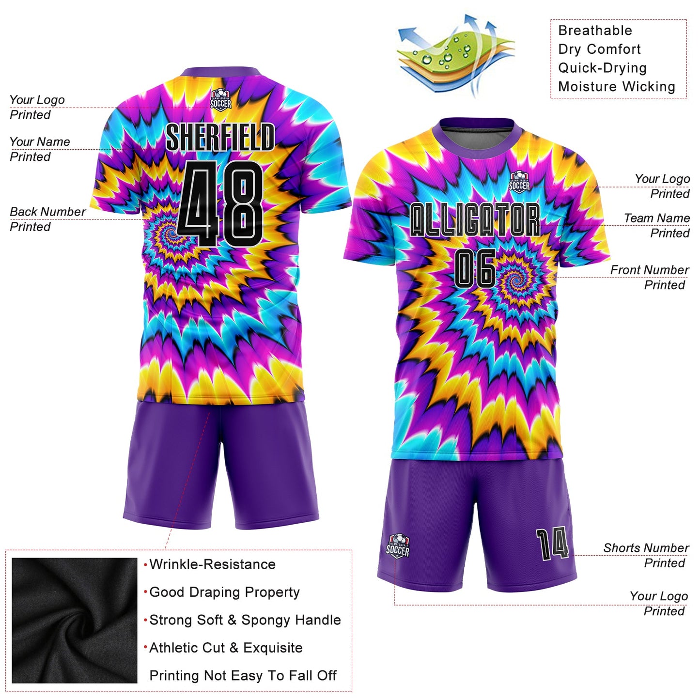 Custom Tie Dye Black-White Sublimation Soccer Uniform Jersey view 5