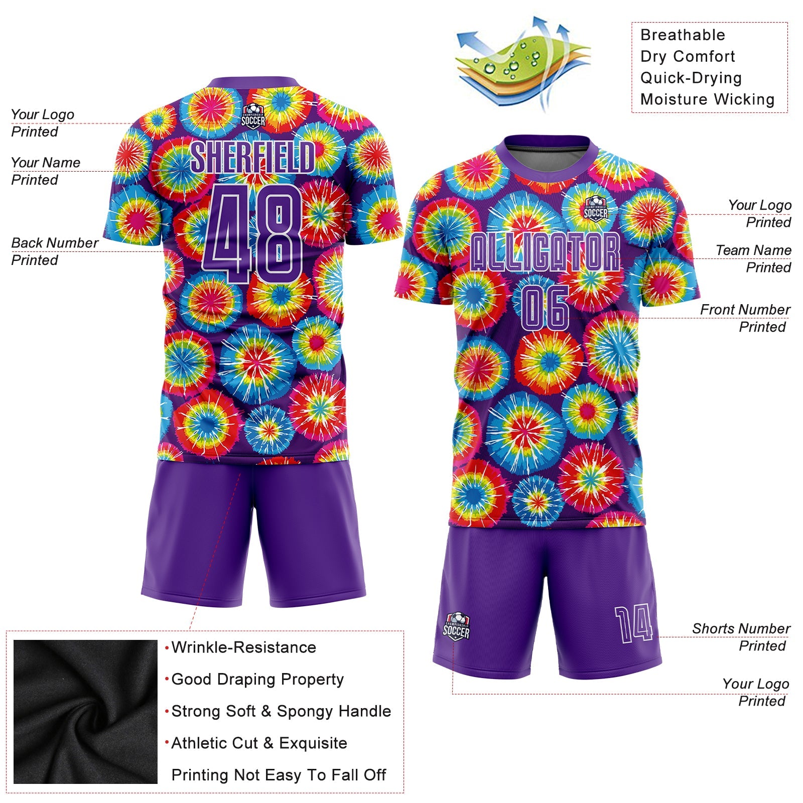 Custom Tie Dye Purple-White Sublimation Soccer Uniform Jersey view 3