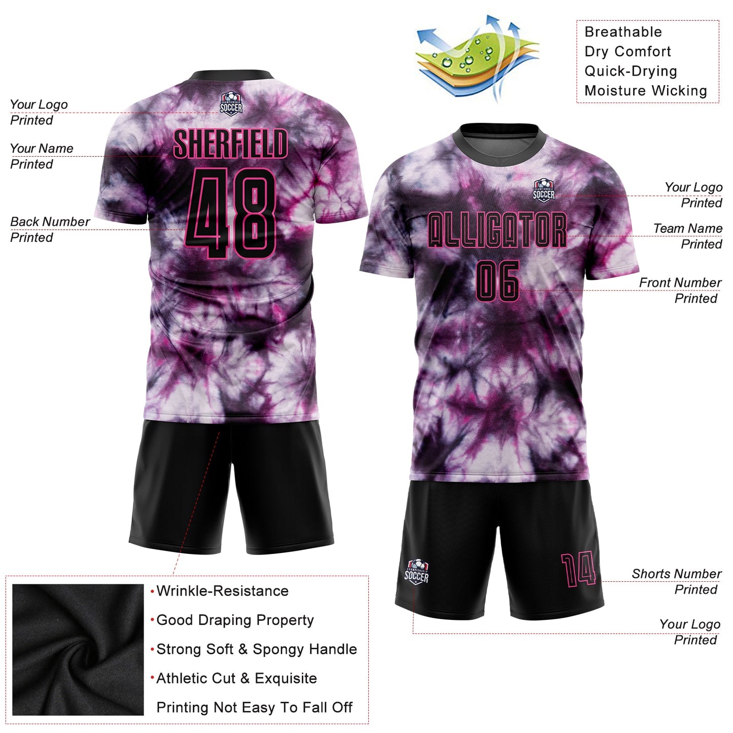Custom Tie Dye Black-Pink Sublimation Soccer Uniform Jersey view 5