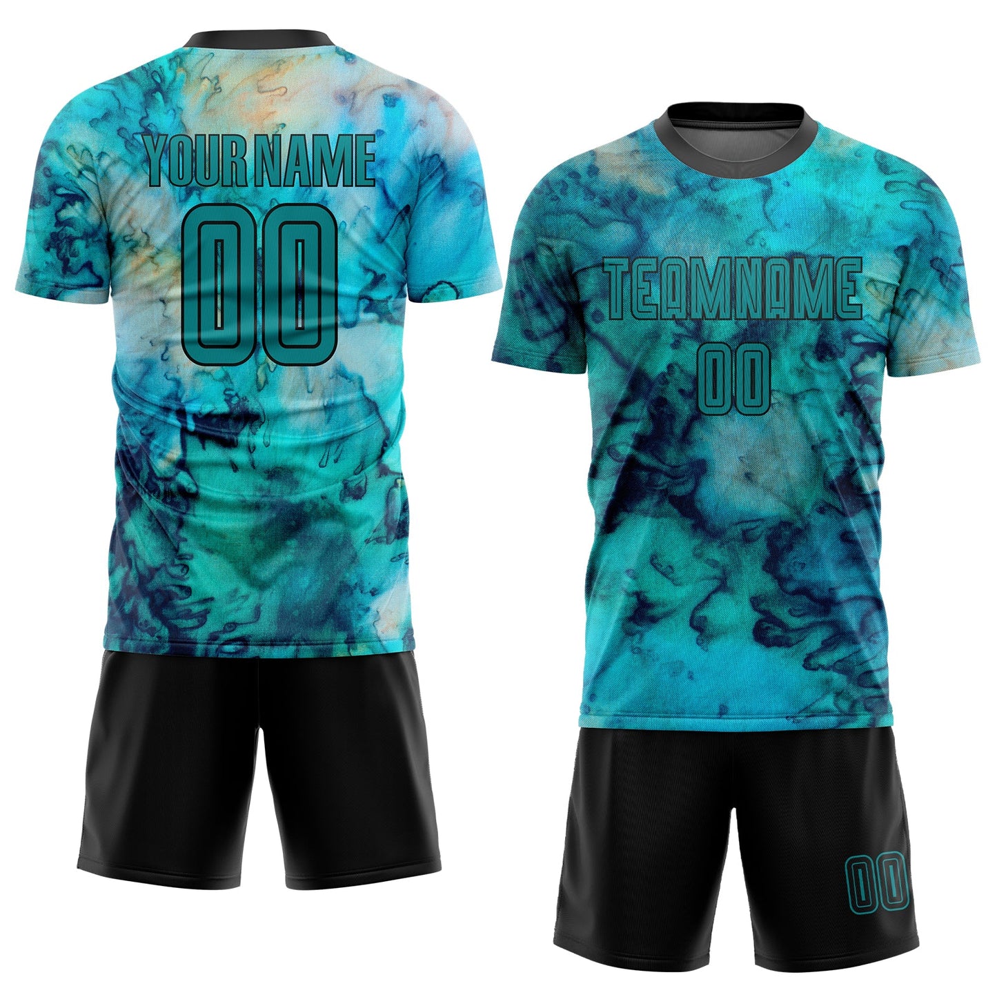 Custom Tie Dye Teal-Black Sublimation Soccer Uniform Jersey view 2