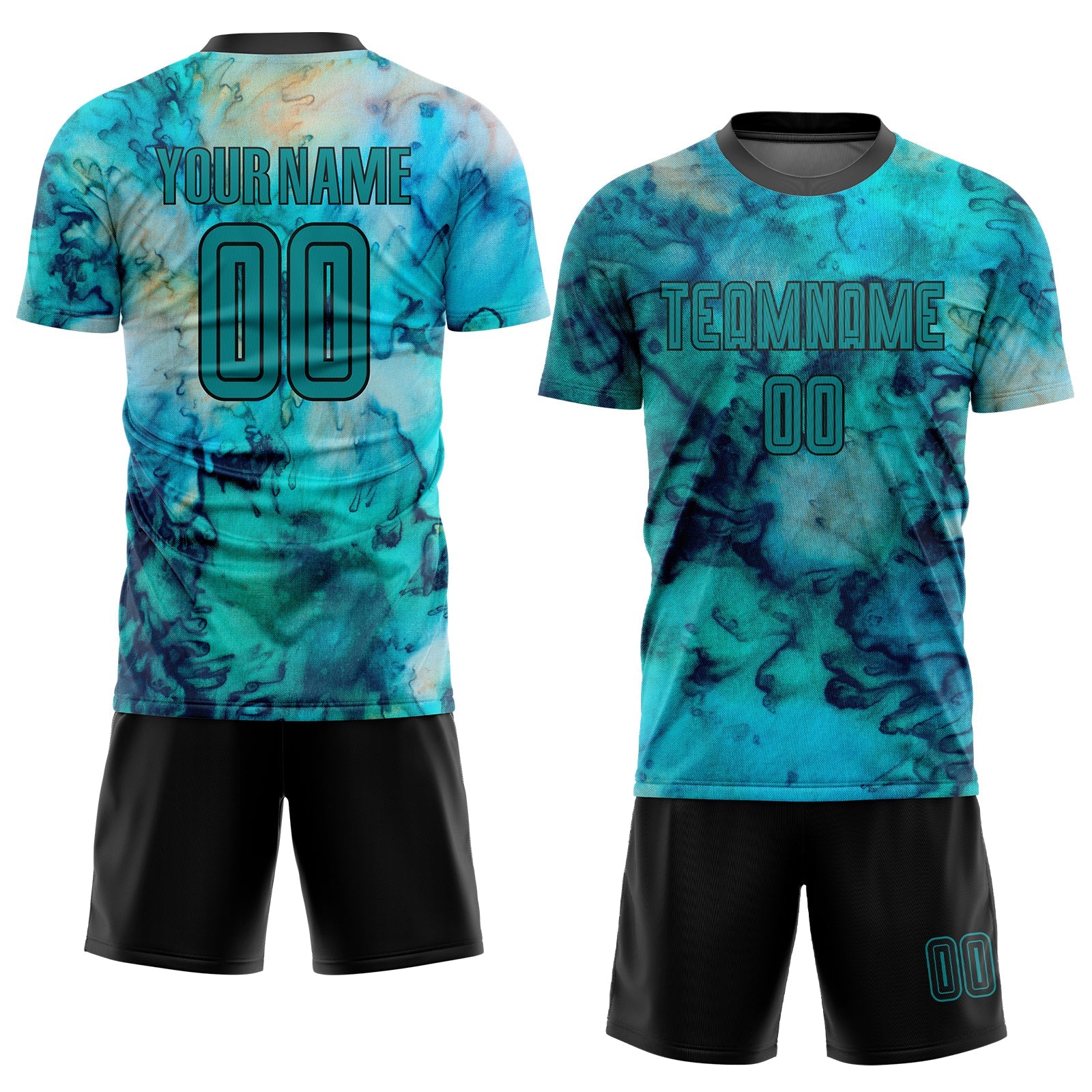 Custom Tie Dye Teal-Black Sublimation Soccer Uniform Jersey view 2
