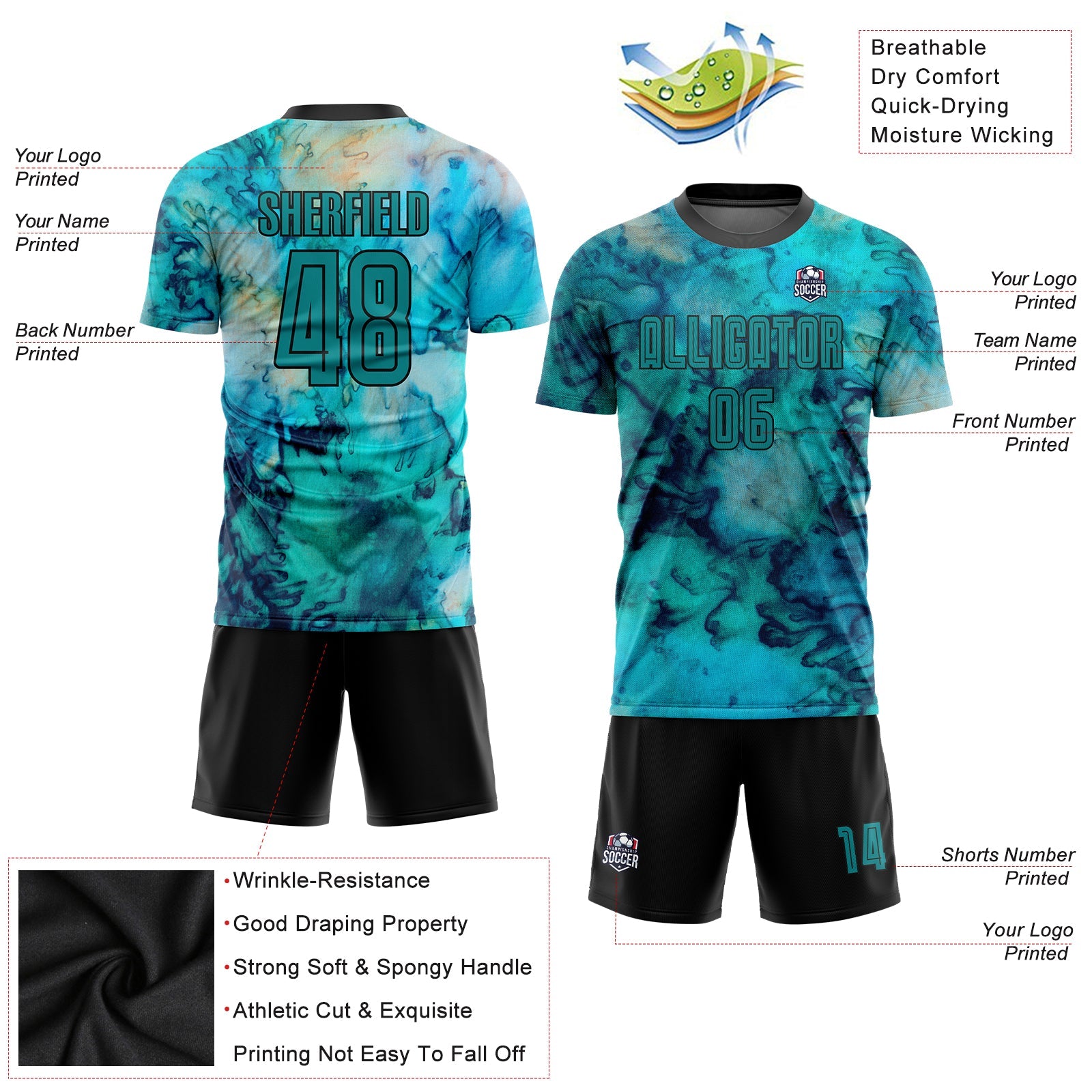 Custom Tie Dye Teal-Black Sublimation Soccer Uniform Jersey view 5