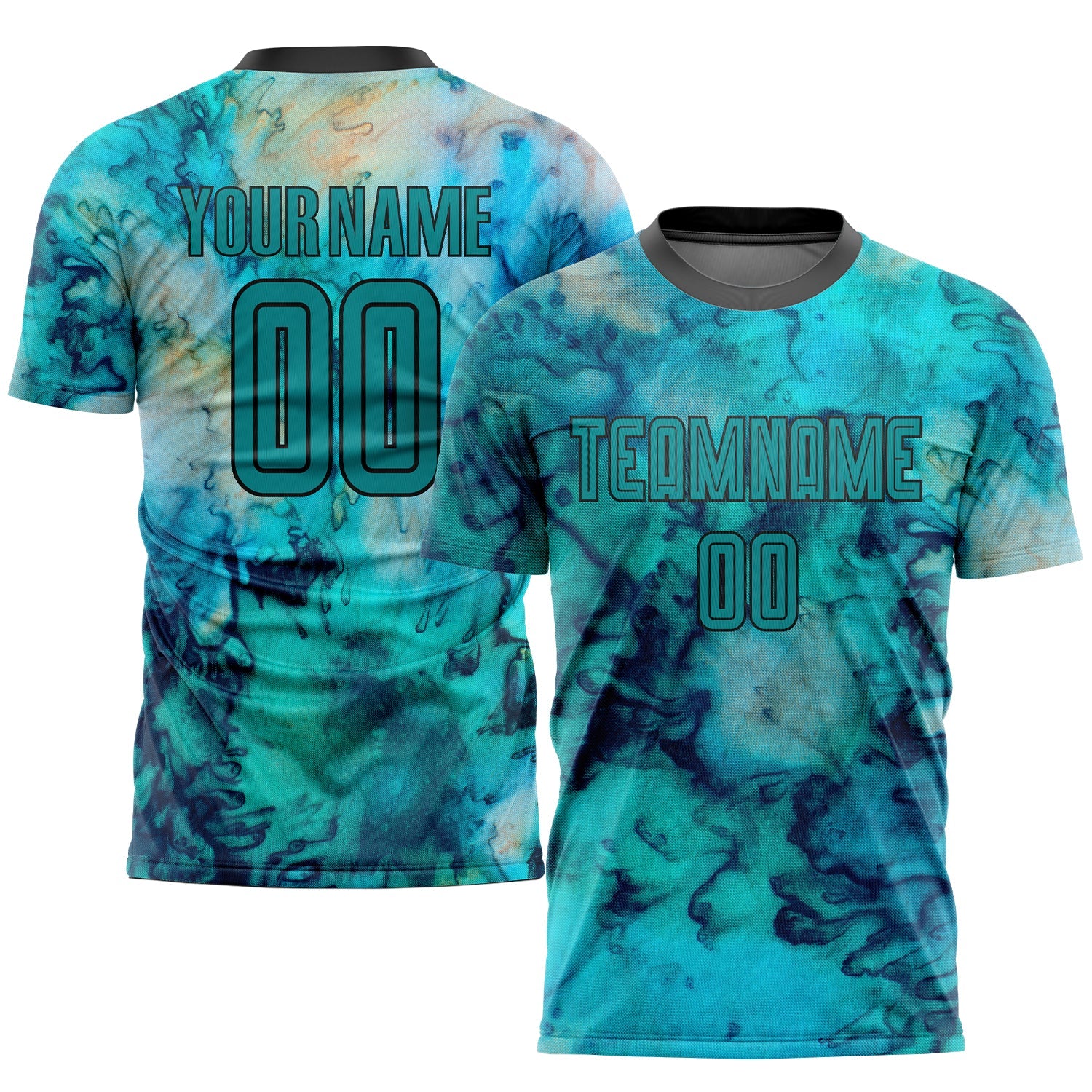 Custom Tie Dye Teal-Black Sublimation Soccer Uniform Jersey - Main View