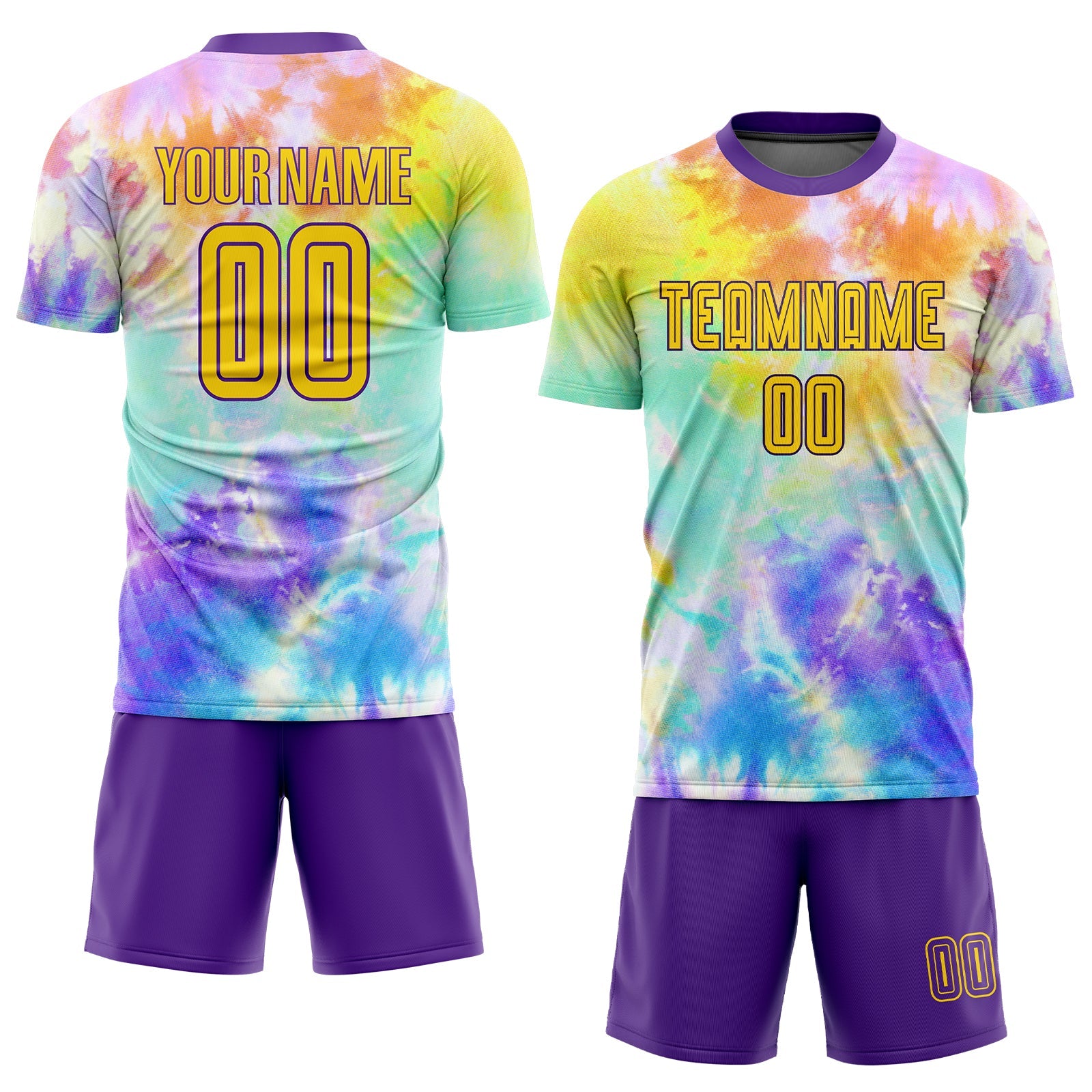 Custom Tie Dye Gold-Purple Sublimation Soccer Uniform Jersey view 2