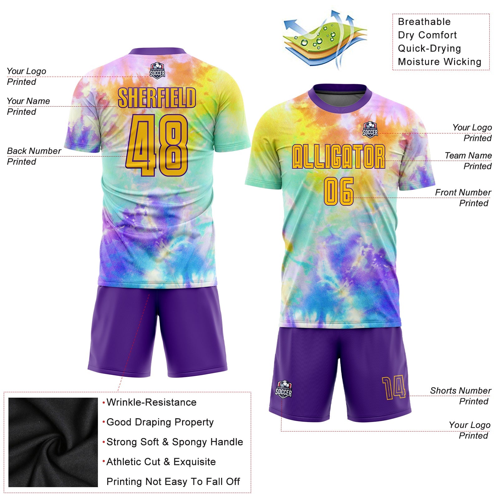Custom Tie Dye Gold-Purple Sublimation Soccer Uniform Jersey view 3