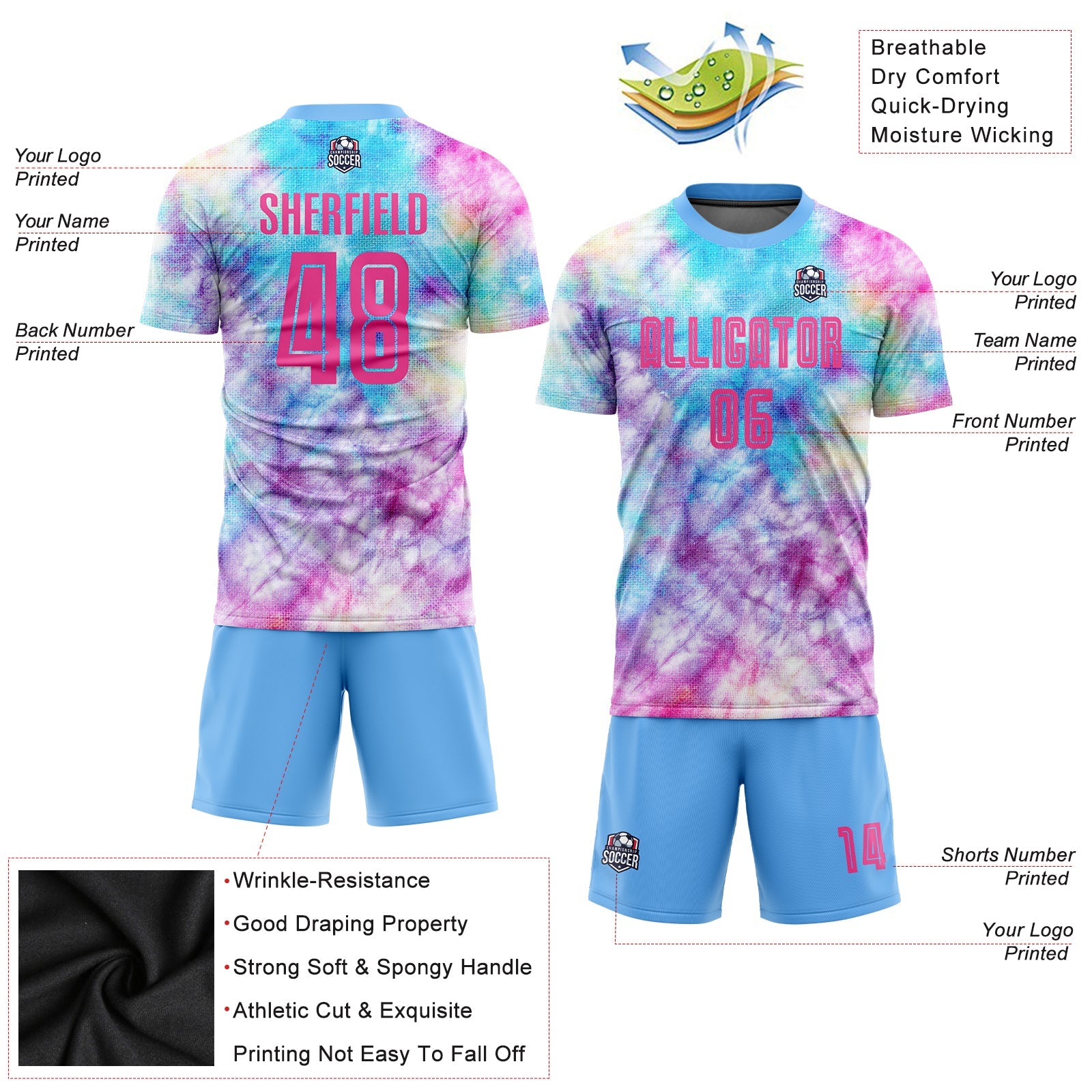 Custom Tie Dye Pink-Light Blue Sublimation Soccer Uniform Jersey view 3