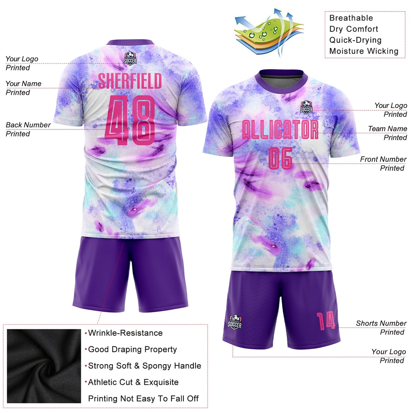 Custom Tie Dye Pink-Purple Sublimation Soccer Uniform Jersey view 5