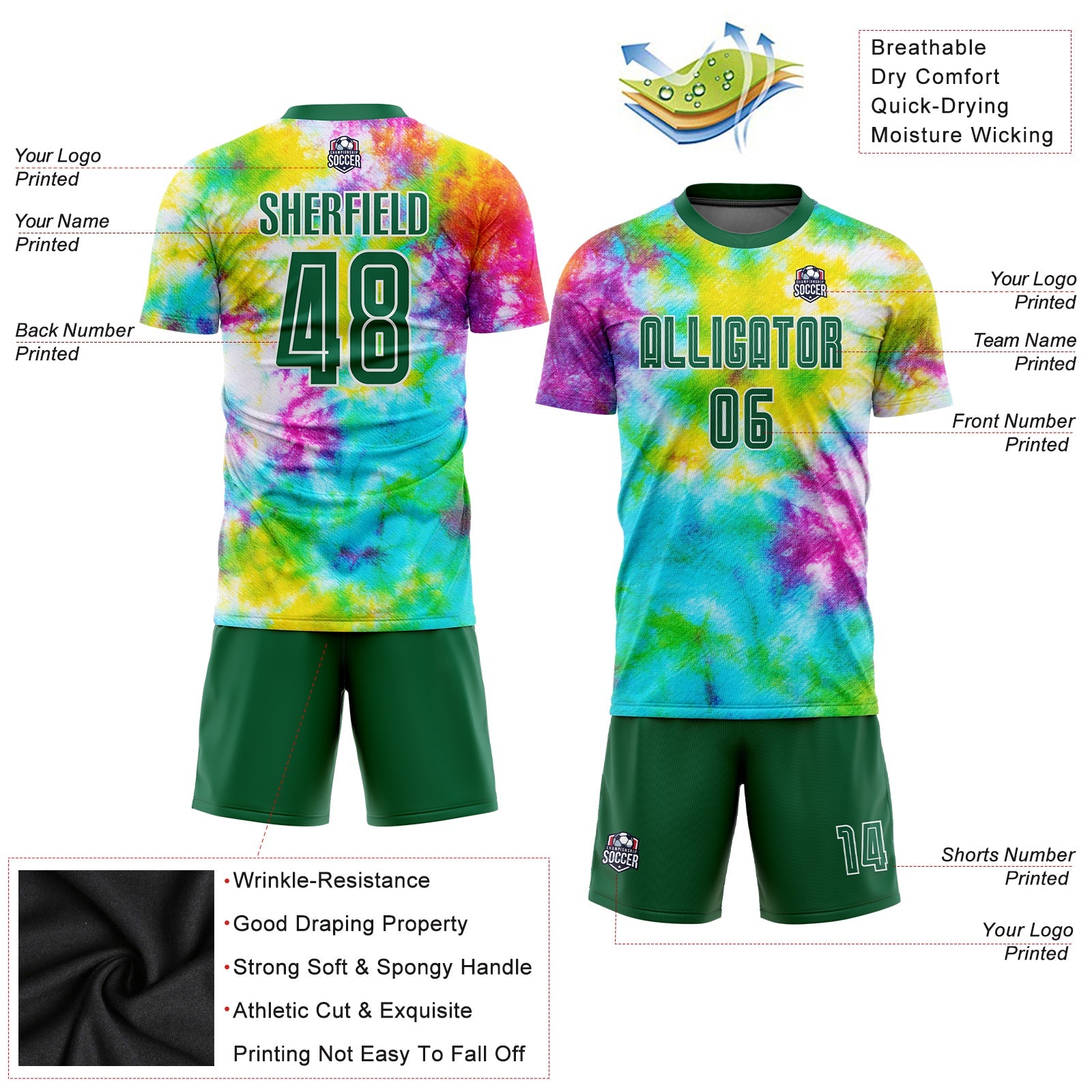 Custom Tie Dye Kelly Green-White Sublimation Soccer Uniform Jersey view 3