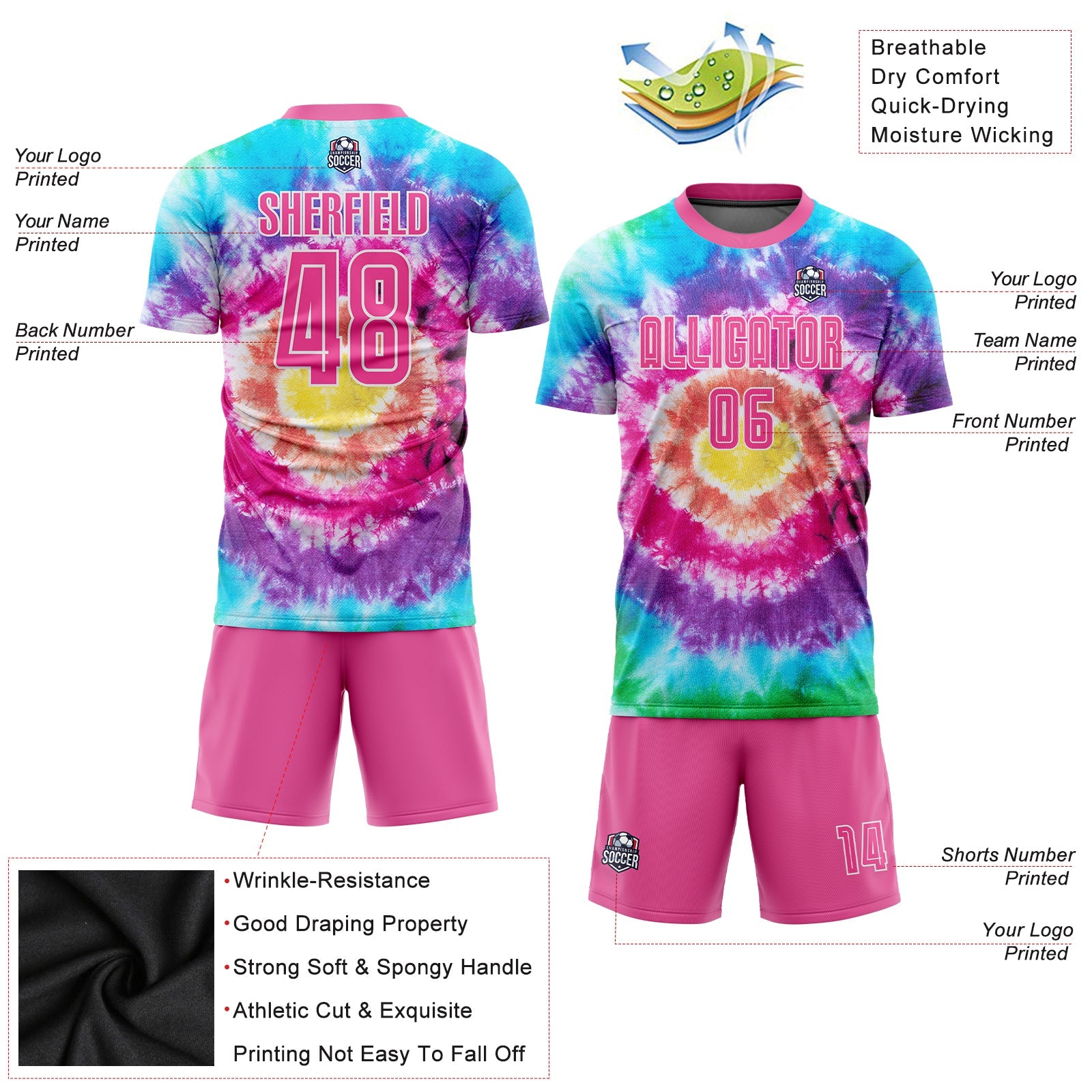 Custom Tie Dye Pink-White Sublimation Soccer Uniform Jersey view 3