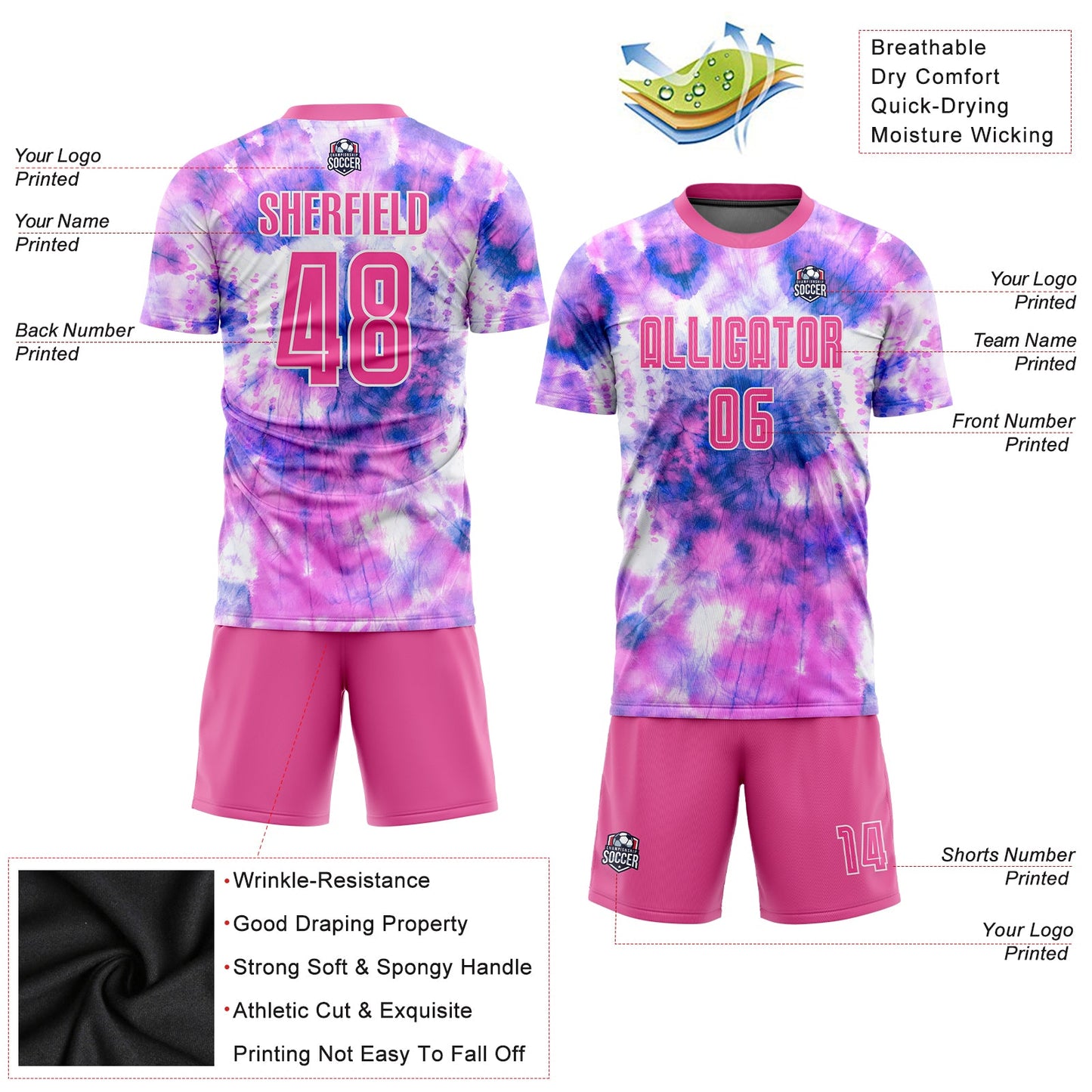 Custom Tie Dye Pink-White Sublimation Soccer Uniform Jersey view 5