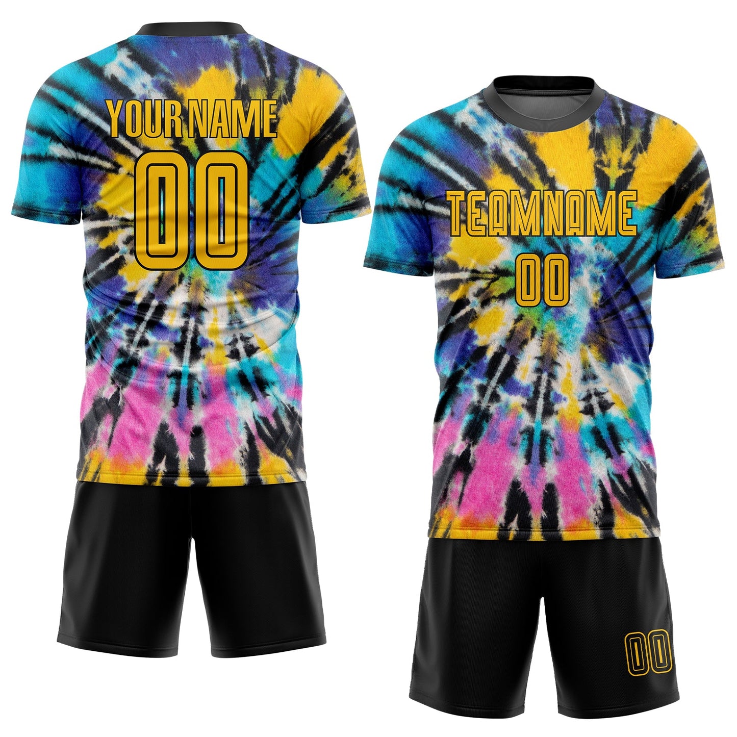 Custom Tie Dye Gold-Black Sublimation Soccer Uniform Jersey view 2
