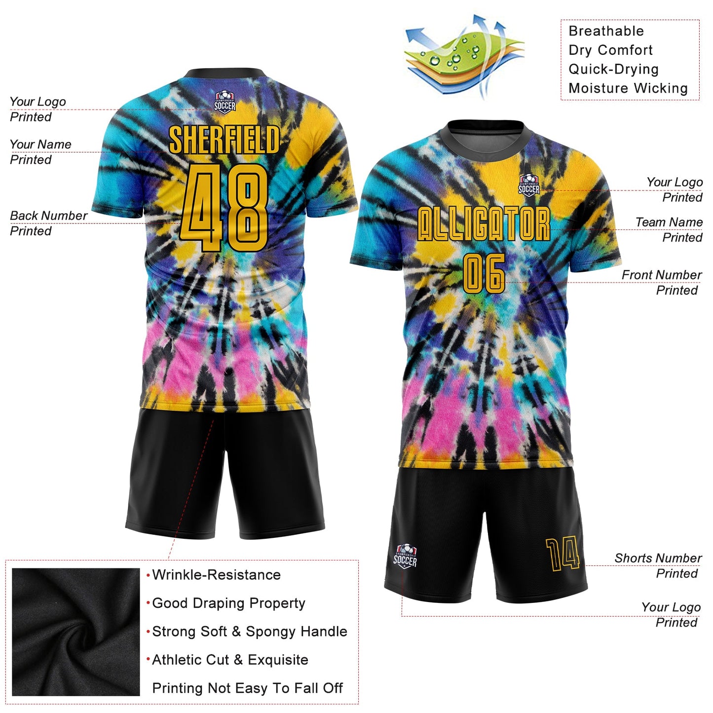 Custom Tie Dye Gold-Black Sublimation Soccer Uniform Jersey view 3