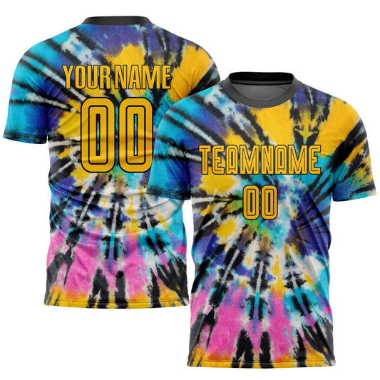 Custom Tie Dye Gold-Black Sublimation Soccer Uniform Jersey - Main View