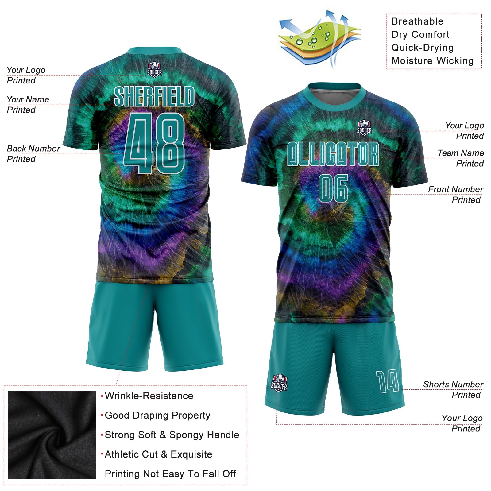 Custom Tie Dye Teal-White Sublimation Soccer Uniform Jersey view 5