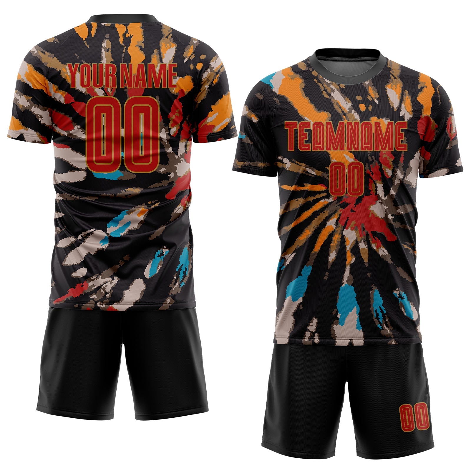 Custom Tie Dye Red-Old Gold Sublimation Soccer Uniform Jersey view 2