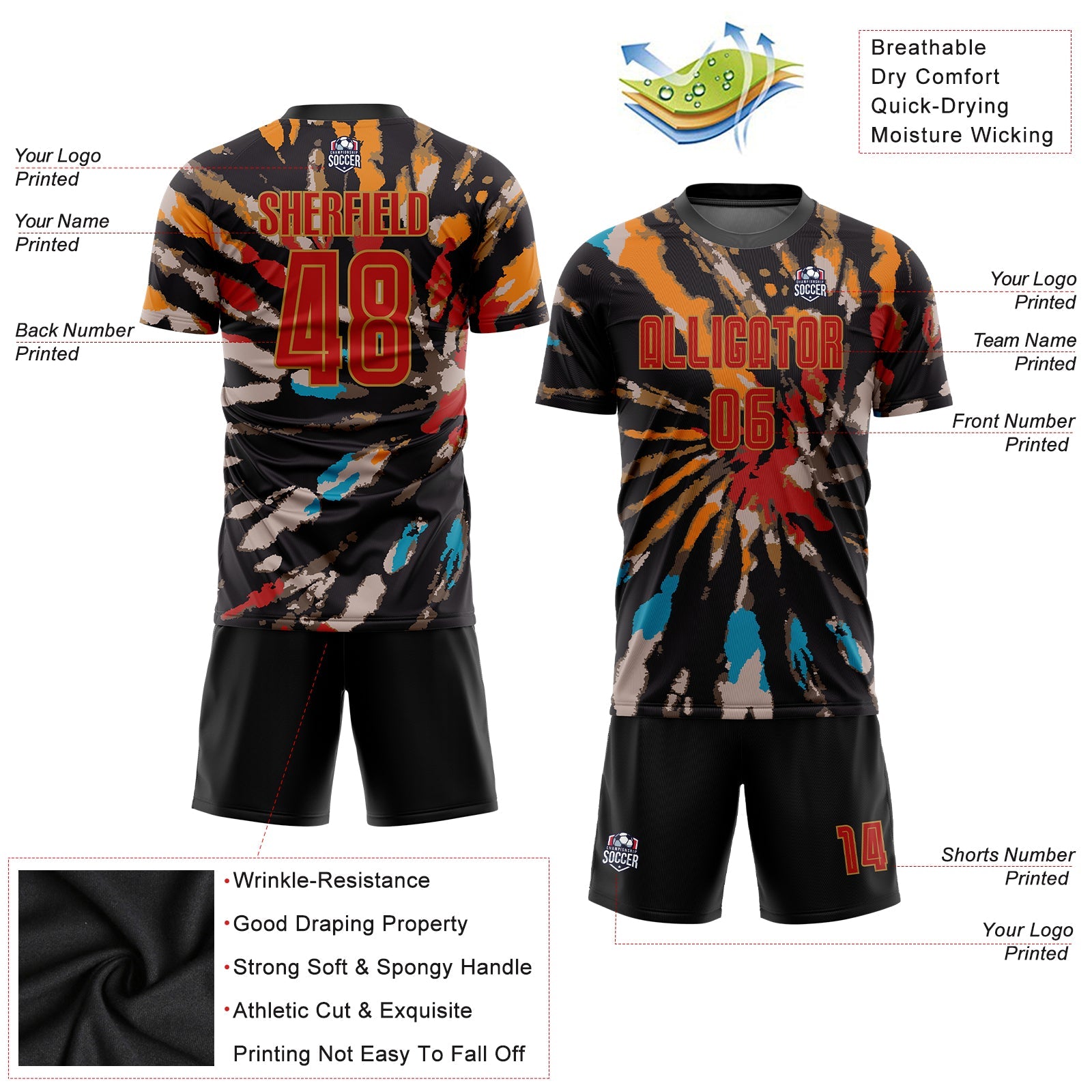 Custom Tie Dye Red-Old Gold Sublimation Soccer Uniform Jersey view 3