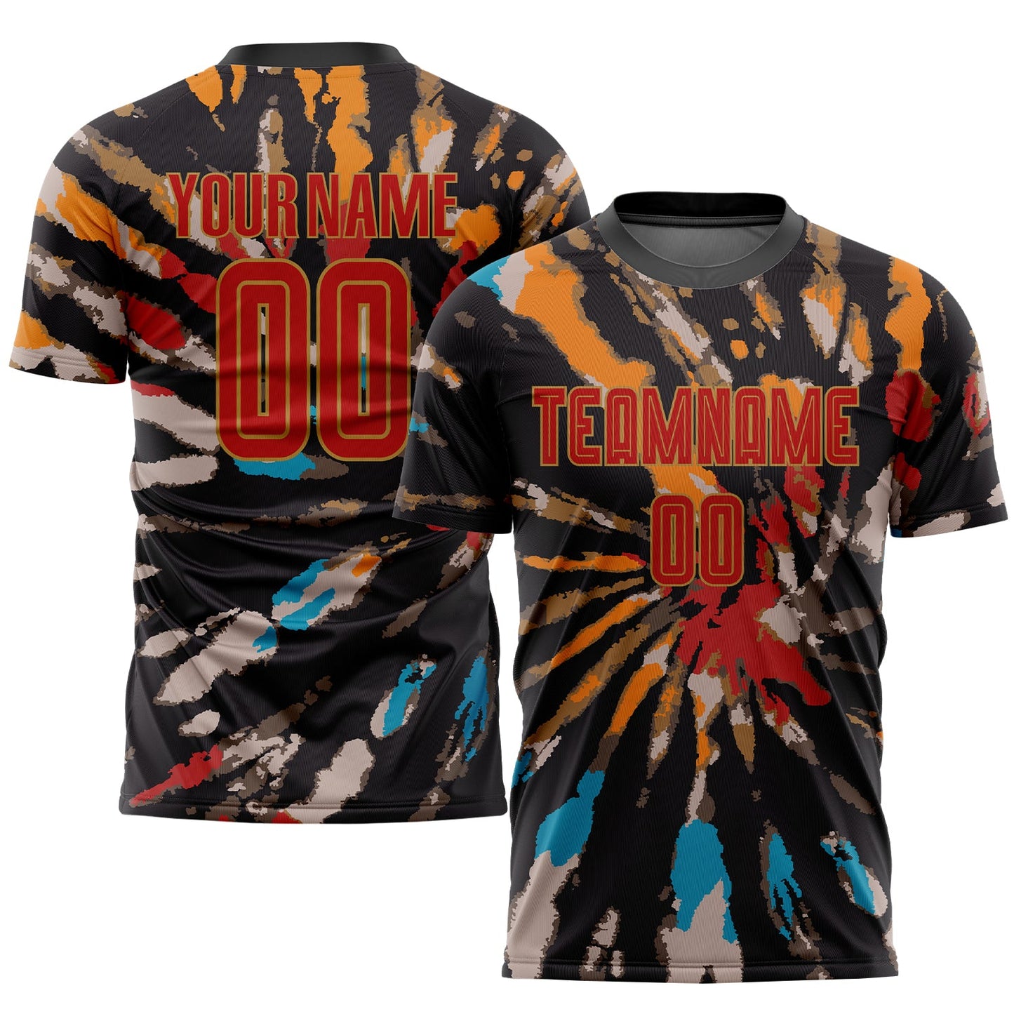 Custom Tie Dye Red-Old Gold Sublimation Soccer Uniform Jersey - Main View