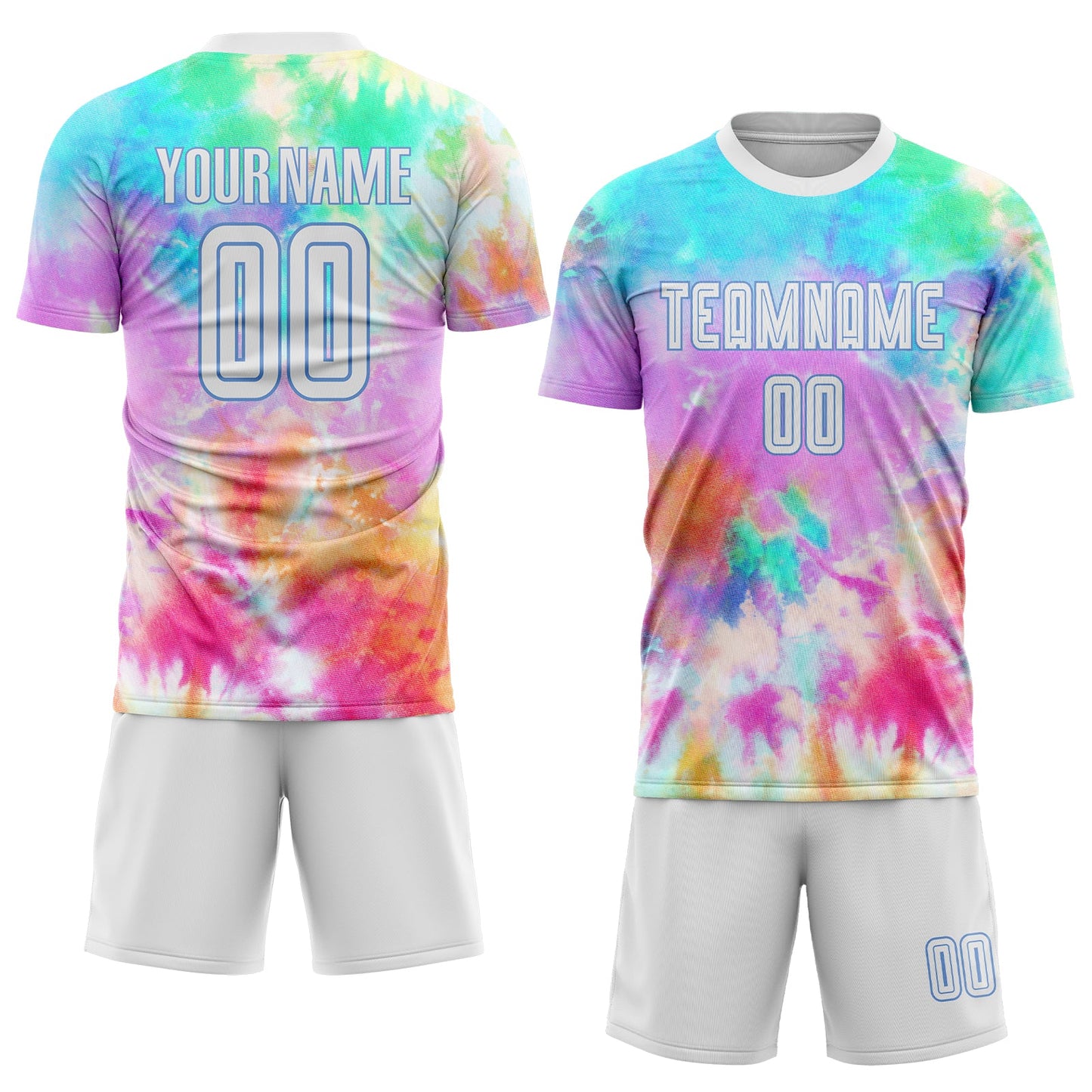 Custom Tie Dye White-Light Blue Sublimation Soccer Uniform Jersey view 2