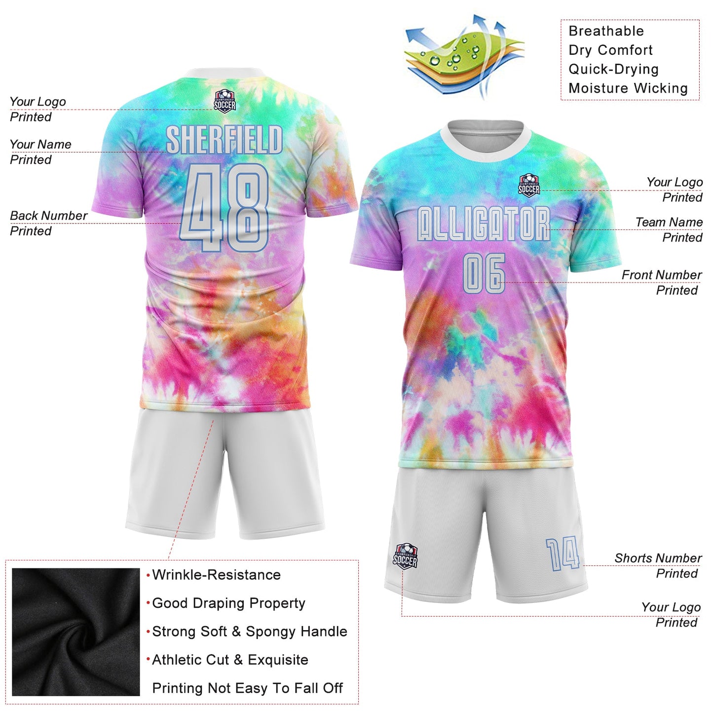 Custom Tie Dye White-Light Blue Sublimation Soccer Uniform Jersey view 5