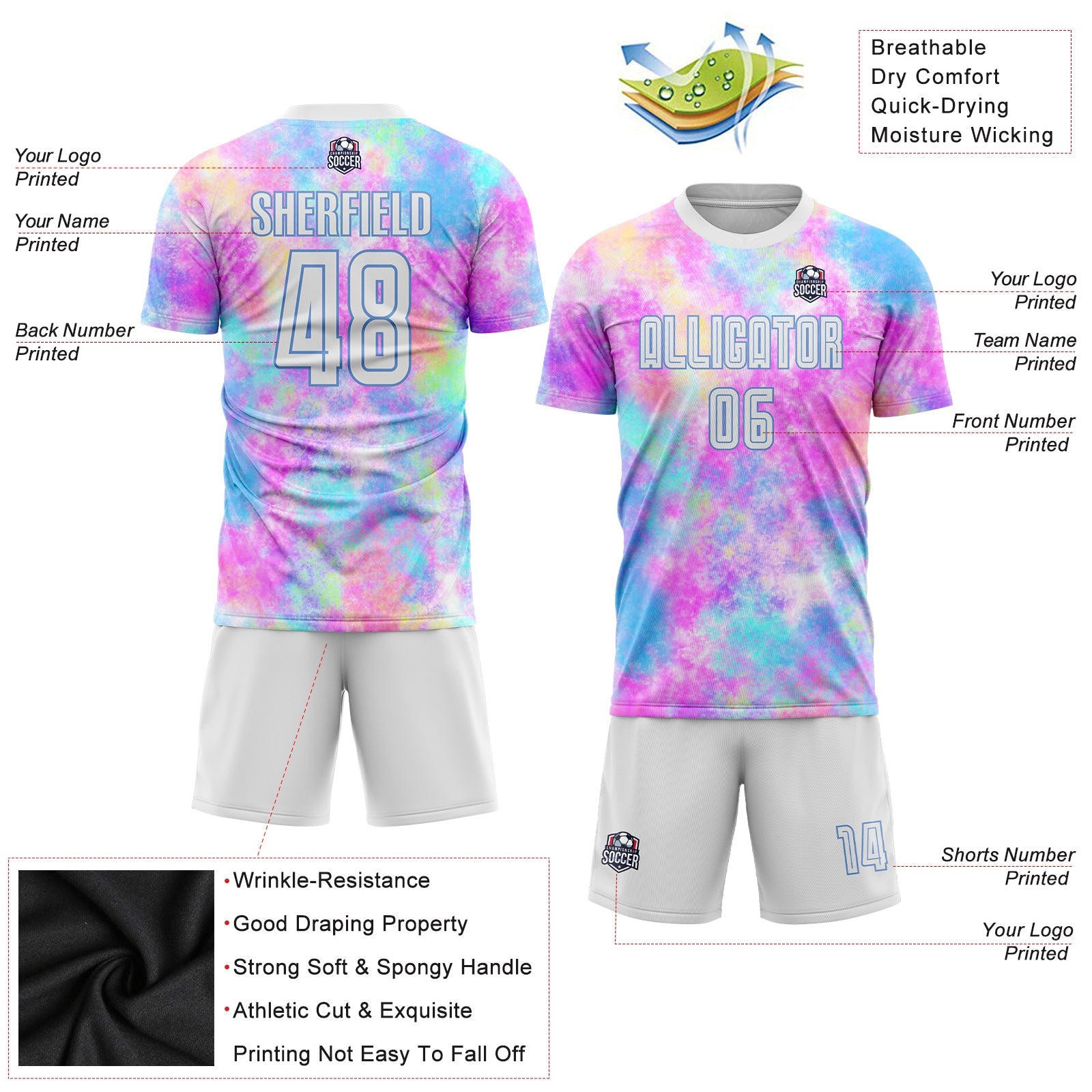 Custom Tie Dye White-Light Blue Sublimation Soccer Uniform Jersey view 5