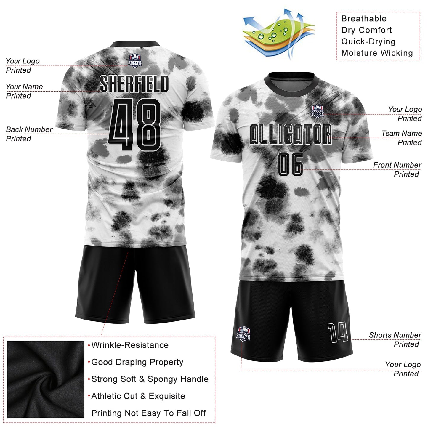 Custom Tie Dye Black-White Sublimation Soccer Uniform Jersey view 3