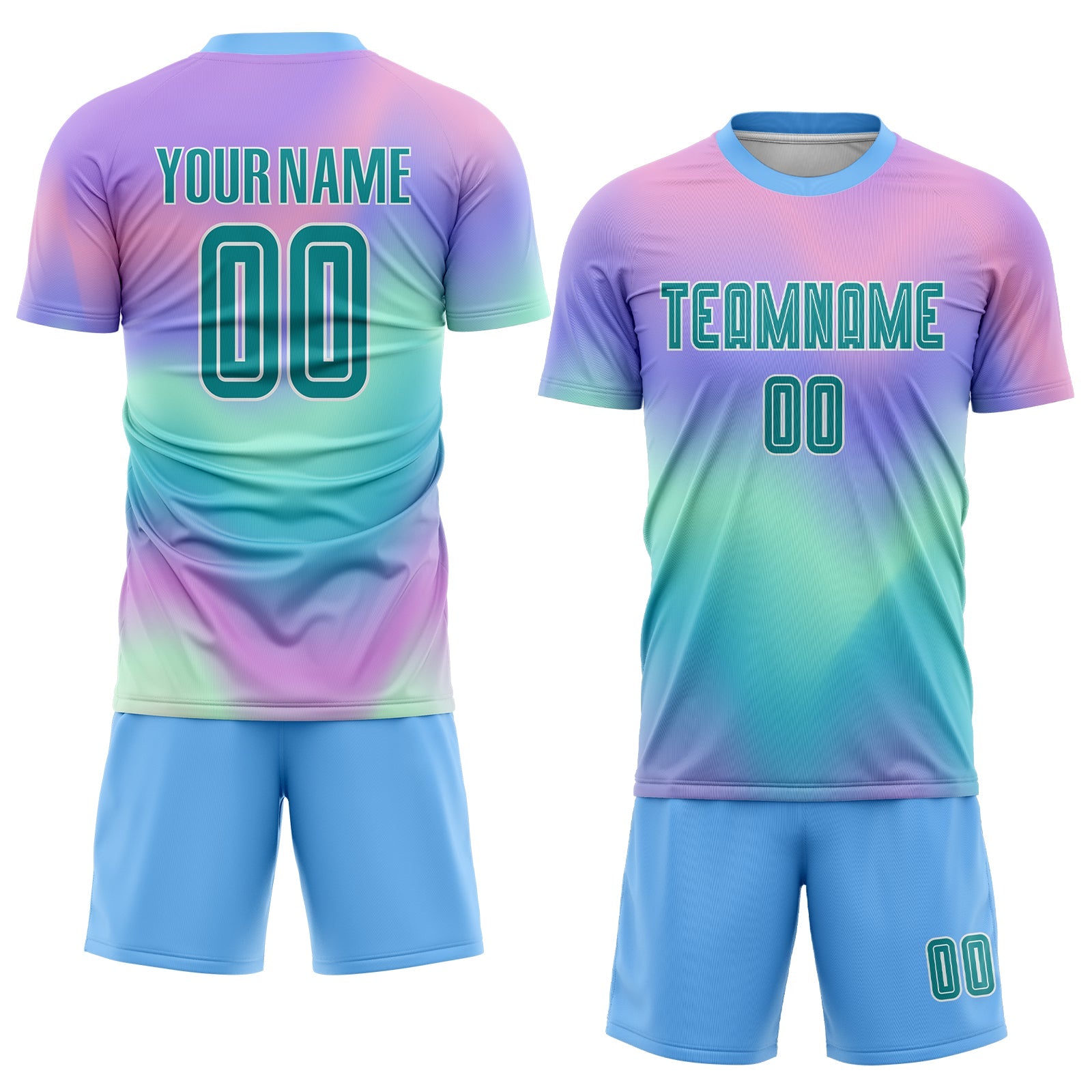 Custom Tie Dye Teal-White Sublimation Soccer Uniform Jersey view 2